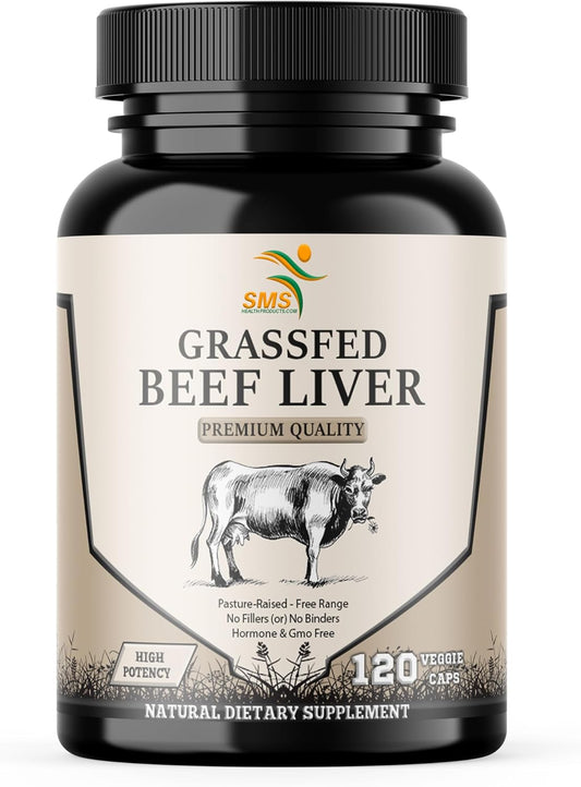 Grass Fed Desiccated Beef Liver Capsules - Natural Iron & Vitamins - 120 Pills, 750mg Each - Humanely Pasture Raised & Undefatted