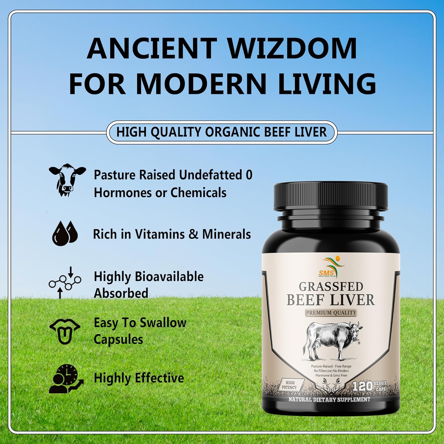 Grass Fed Desiccated Beef Liver Capsules - Natural Iron & Vitamins - 120 Pills, 750mg Each - Humanely Pasture Raised & Undefatted