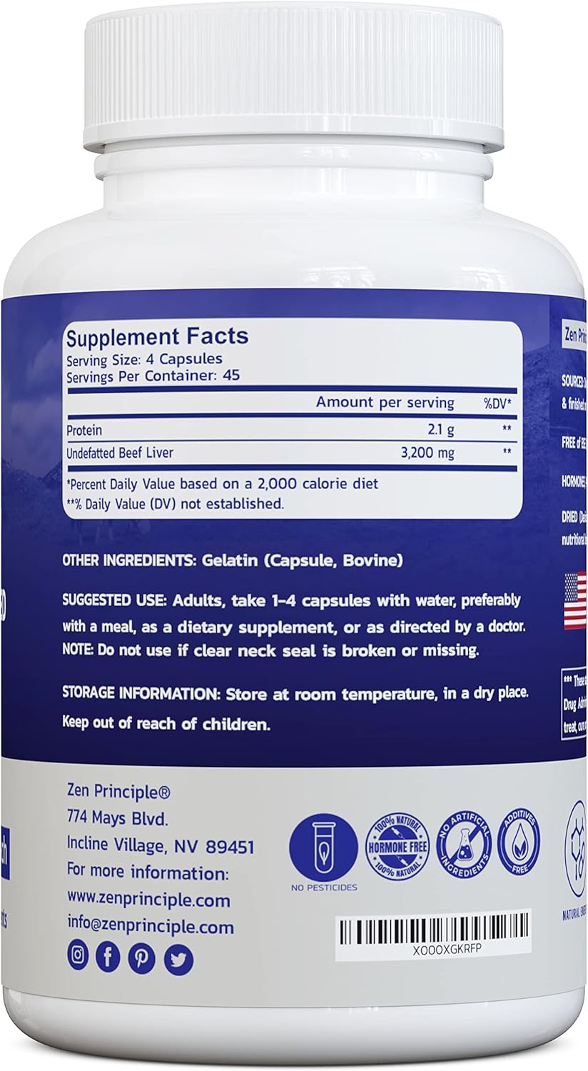 Grass-Fed Desiccated Beef Liver Capsules - Natural Energy Boost with Iron, Amino Acids, and Vitamins - 180 Count, 800 Mg.
