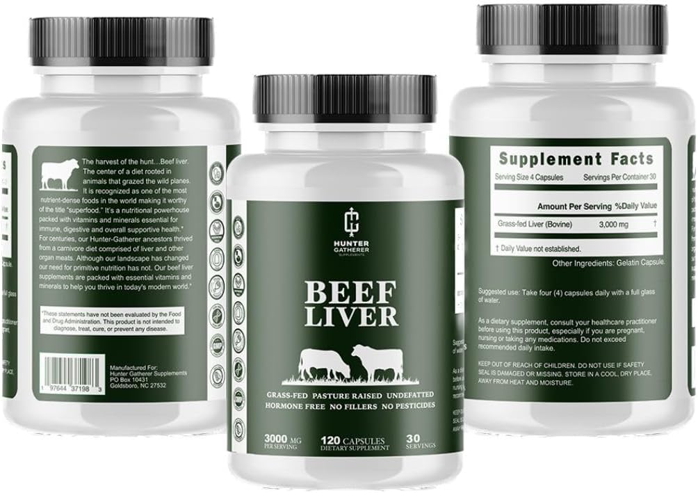 Grass Fed Desiccated Beef Liver Capsules | 120 Count | 3,000 mg per Serving | Hunter Gatherer Supplements