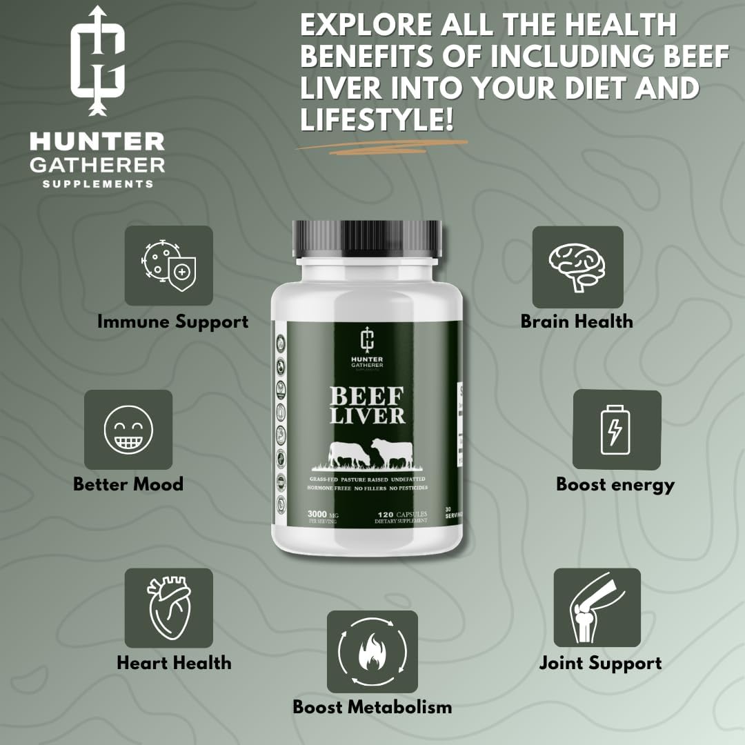 Grass Fed Desiccated Beef Liver Capsules | 120 Count | 3,000 mg per Serving | Hunter Gatherer Supplements