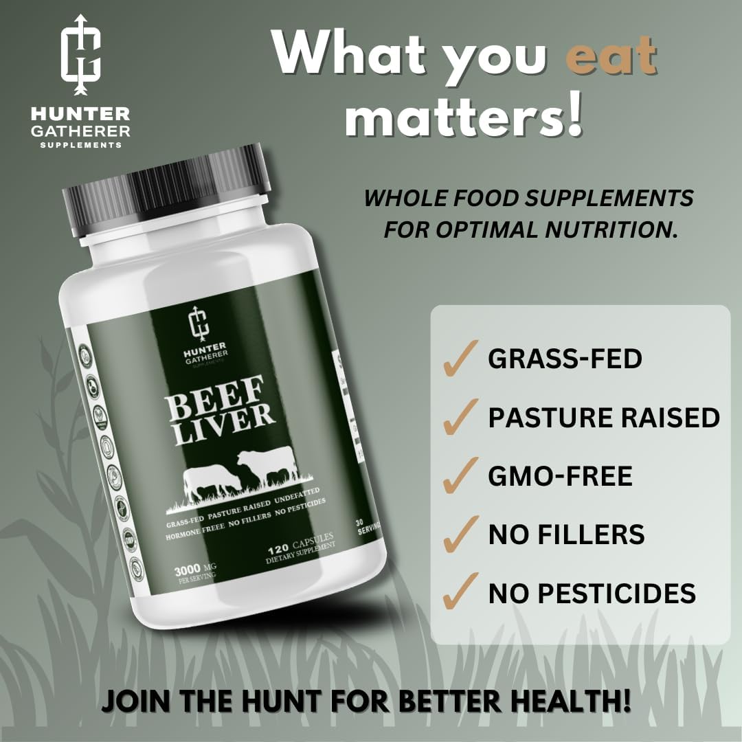 Grass Fed Desiccated Beef Liver Capsules | 120 Count | 3,000 mg per Serving | Hunter Gatherer Supplements