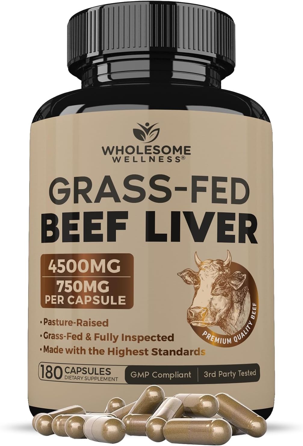 Grass Fed Desiccated Beef Liver Capsules (180 Pills, 750mg Each) - Natural Iron, Vitamin A, B12 for Energy - Humanely Pasture Raised in New Zealand - Hormone and Chemical-Free