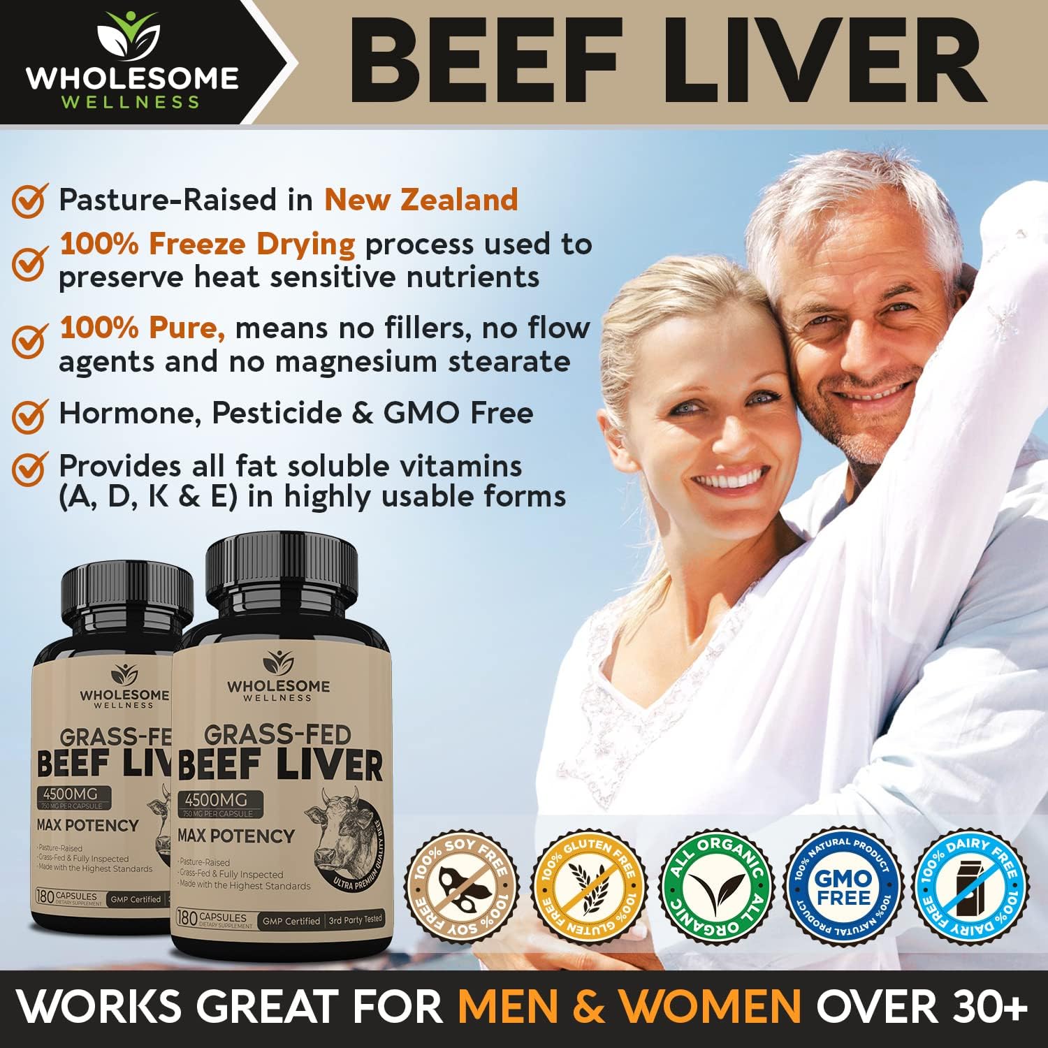 Grass Fed Desiccated Beef Liver Capsules (180 Pills, 750mg Each) - Natural Iron, Vitamin A, B12 for Energy - Humanely Pasture Raised in New Zealand - Hormone and Chemical-Free