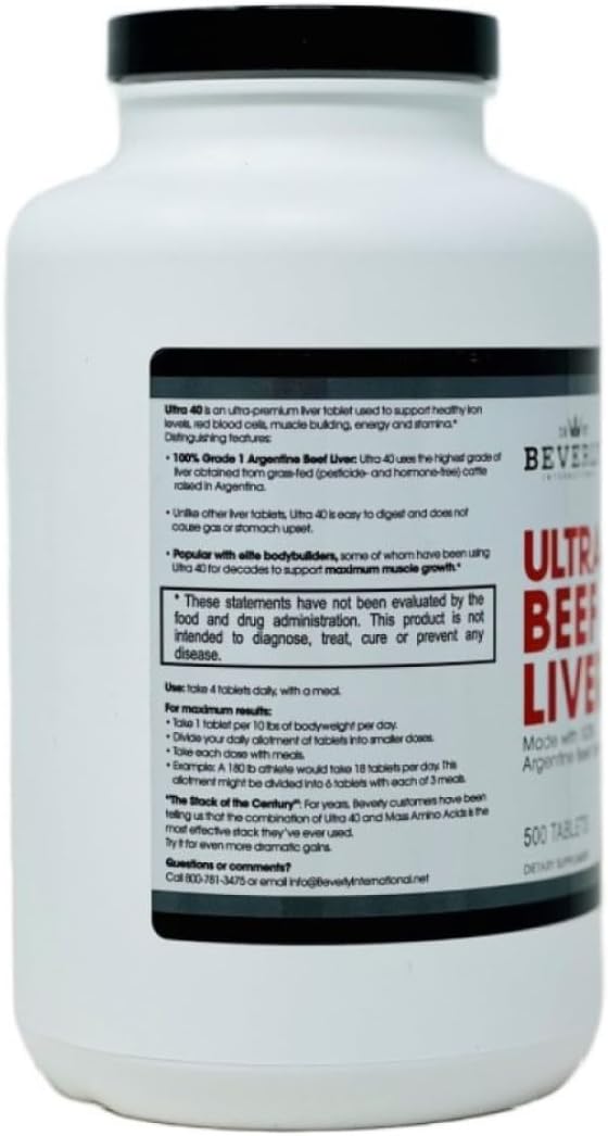 Grass Fed Desiccated Beef Liver Tablets - Boost Muscle Growth & Endurance Naturally with Beverly International Ultra 40 - 500 Tabs