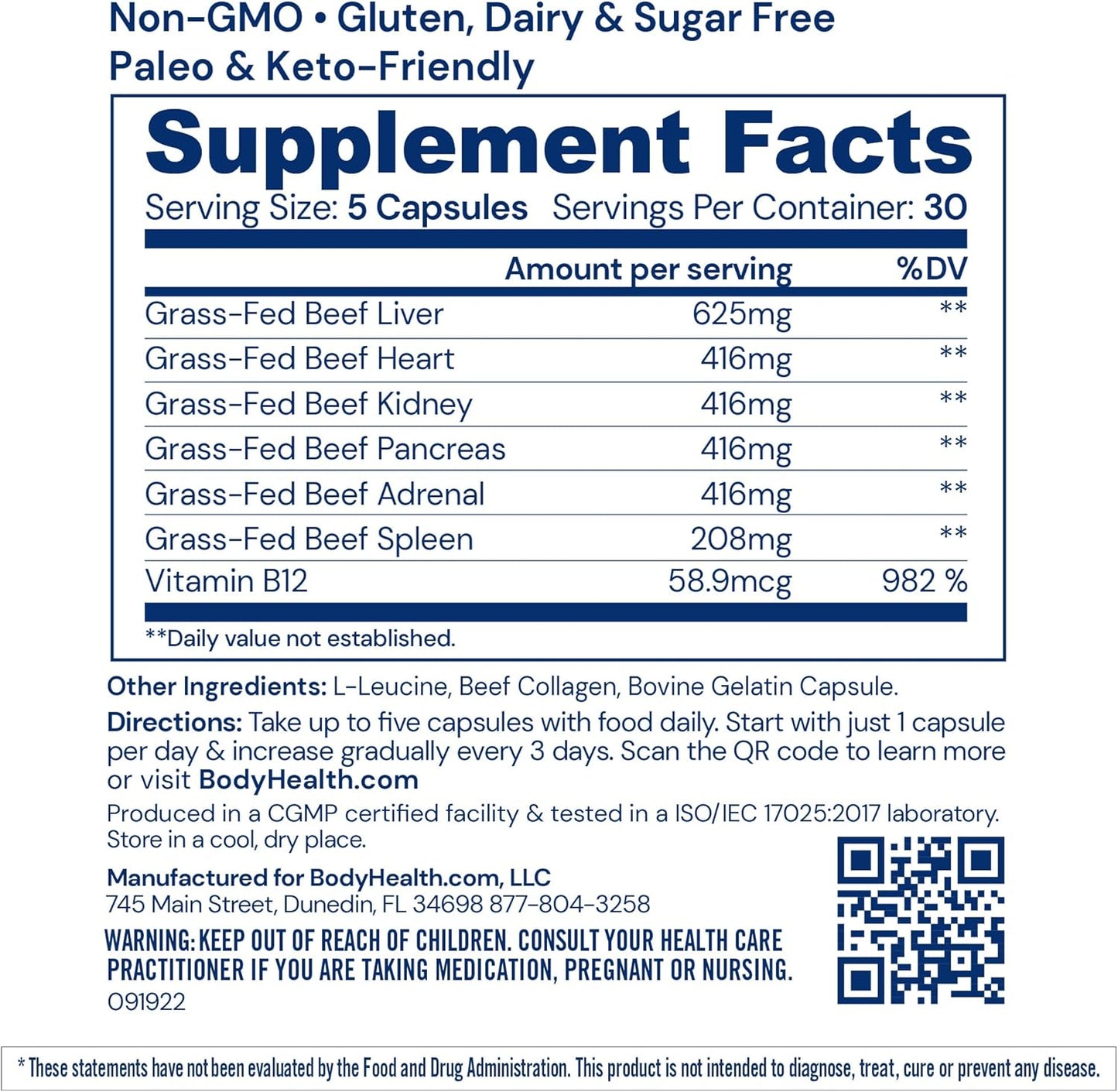 Grass-Fed Glandular Organ Complex Supplement with Beef Liver, Heart, Kidney, Pancreas, Spleen - Non GMO Adrenal Support (150 Capsules)