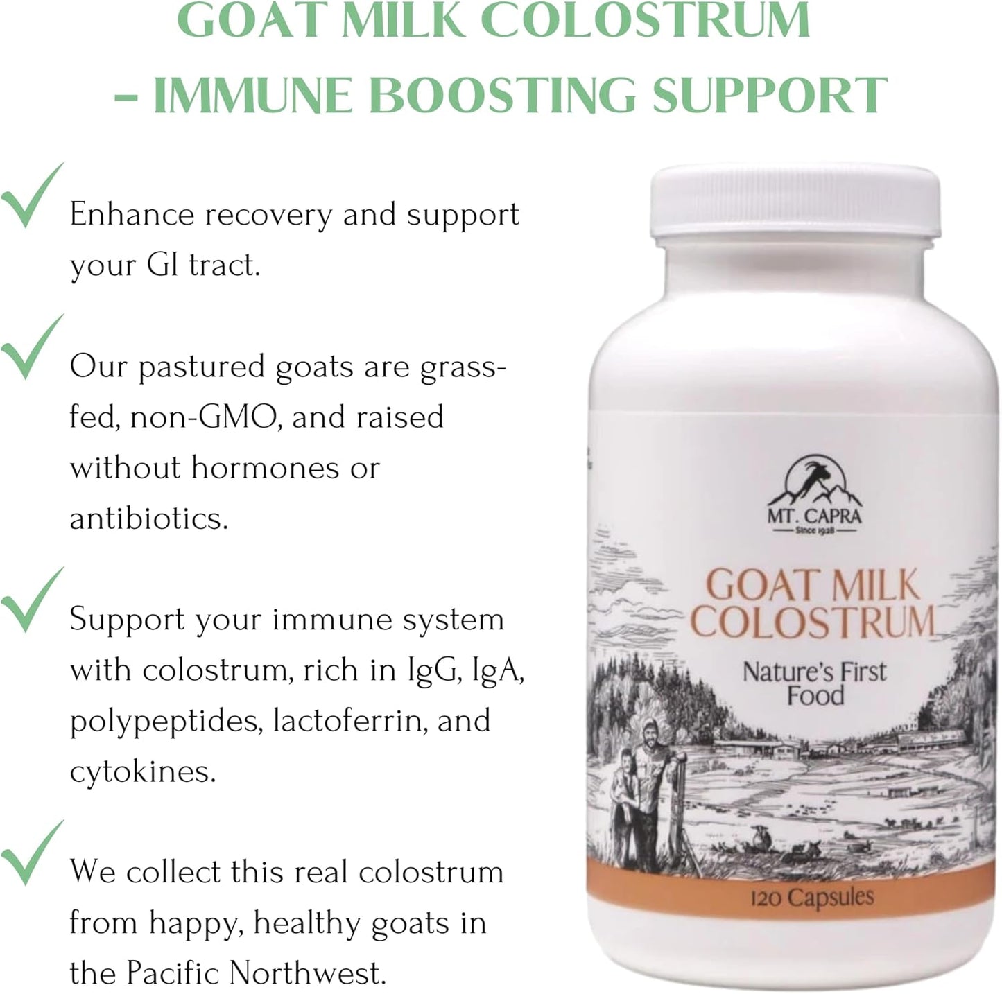 Grass-Fed Goat Milk Colostrum Capsules for Immune System and Athletic Performance - 30 Servings, High in Immunoglobulins