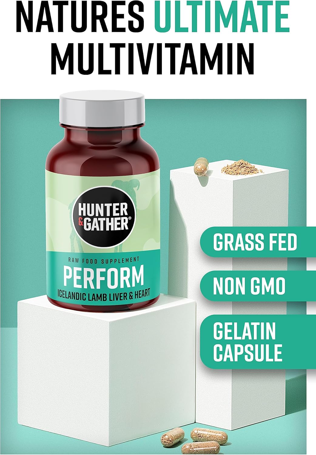 Grass-Fed Icelandic Lamb Ancestral Inspired Capsules - Hunter & Gather Nose to Tail 180 Perform, No GMOs, Antibiotics, or Hormones