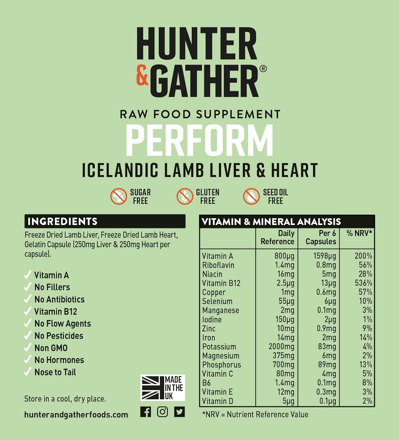 Grass-Fed Icelandic Lamb Ancestral Inspired Capsules - Hunter & Gather Nose to Tail 180 Perform, No GMOs, Antibiotics, or Hormones