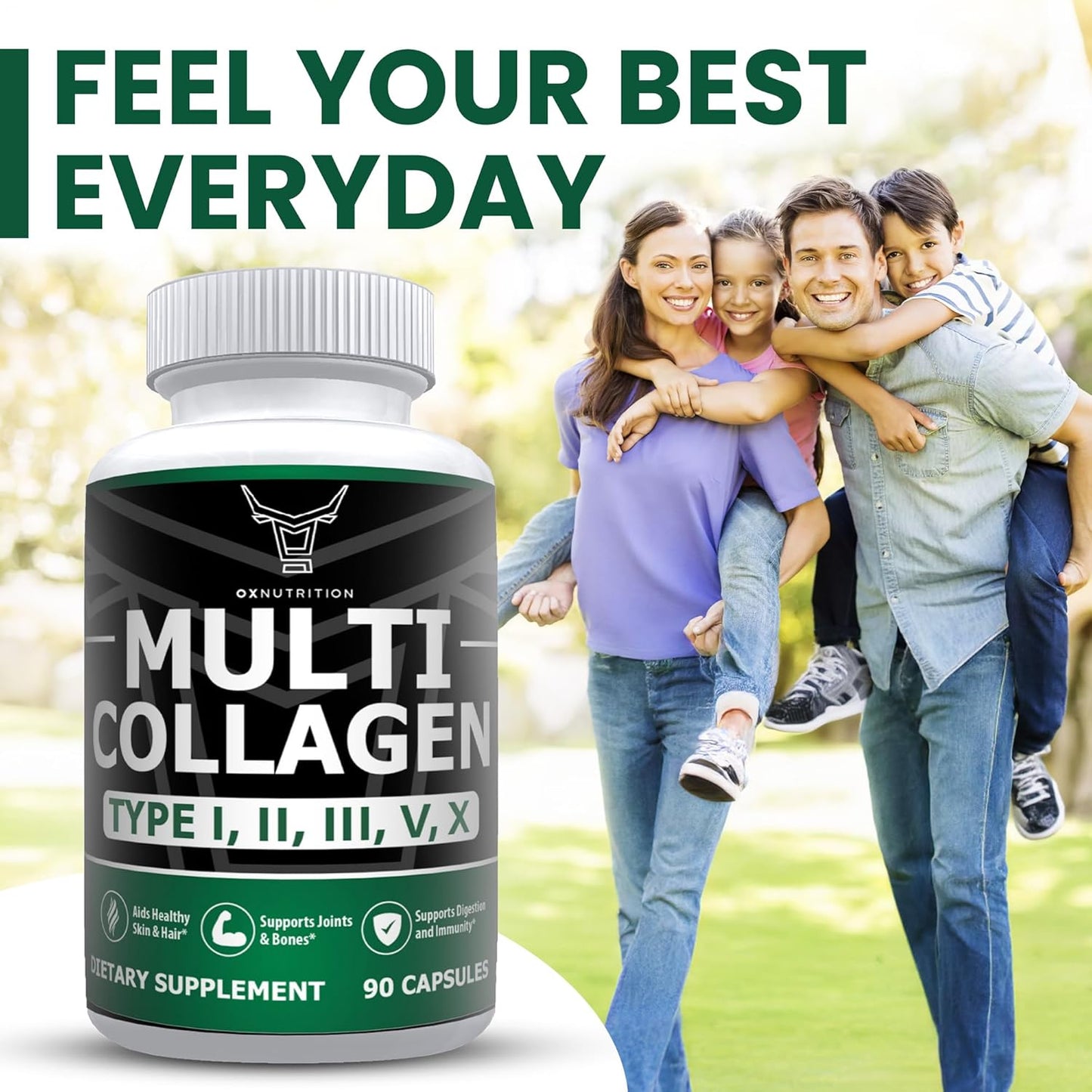Grass-Fed Multi Collagen Capsules for Hair, Skin, Nail, Joint Health - Type I, II, III, V, X - Non-GMO Hydrolyzed Supplement - 90 Capsules