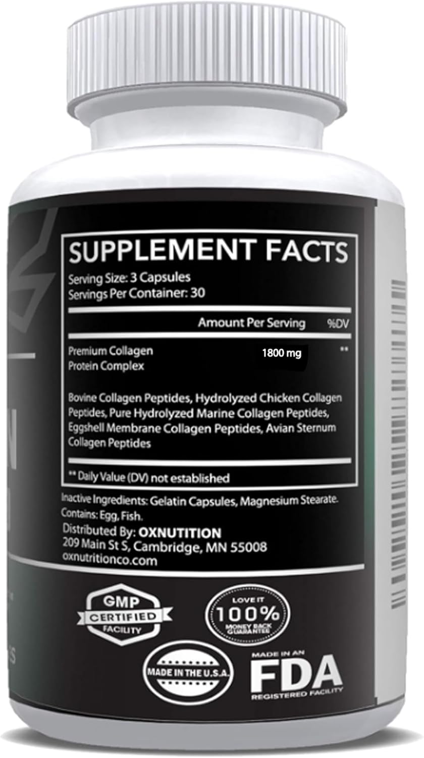 Grass-Fed Multi Collagen Capsules for Hair, Skin, Nail, Joint Health - Type I, II, III, V, X - Non-GMO Hydrolyzed Supplement - 90 Capsules