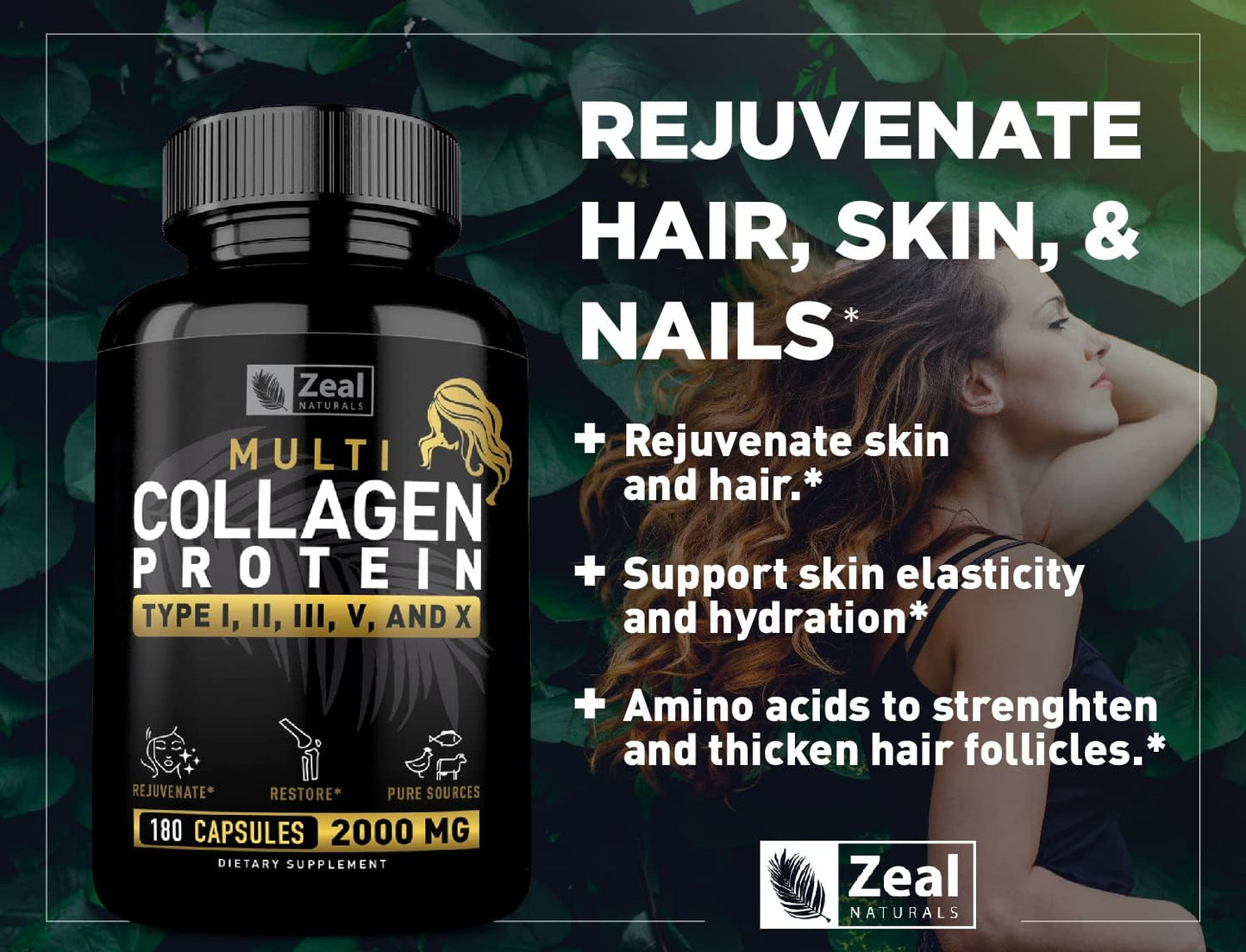 Grass Fed Multi Collagen Peptides Pills (Types Ⅰ,Ⅱ,Ⅲ,Ⅴ,Ⅹ) - 180 Capsules for Hair, Skin, Nails, Joints - Women's Collagen Supplement