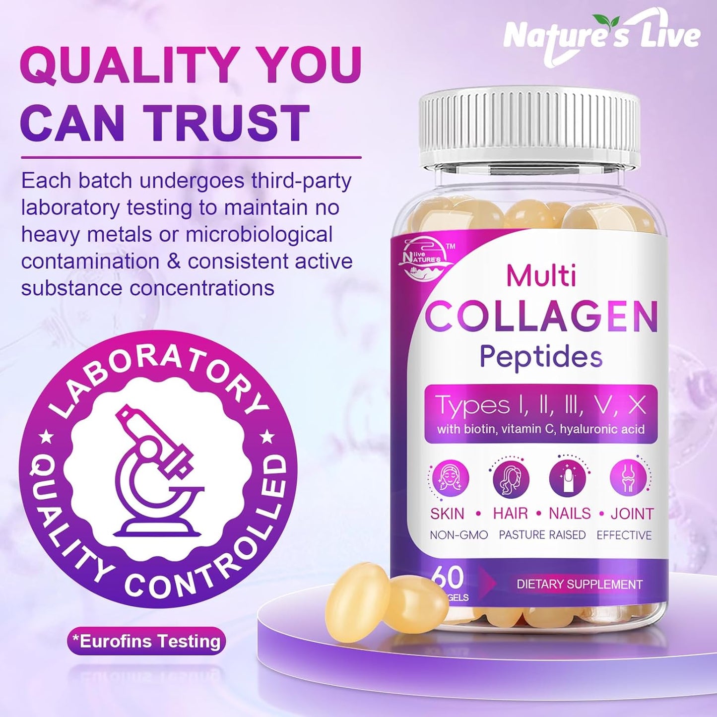Grass-Fed Multi Collagen Peptides Softgel with Biotin & Vitamin C - 60 Softgel Pack for Skin, Hair, Nails & Joints