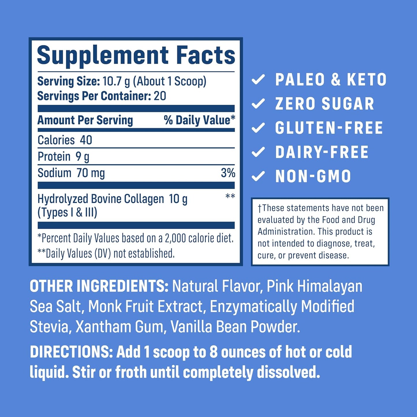 Grass-Fed Vanilla Bean Collagen Peptides: Hydrolyzed Type 1 & 3 Protein Powder for Hair, Skin, Nails, Bones, Joints, Digestion - Keto & Paleo Friendly (214g)