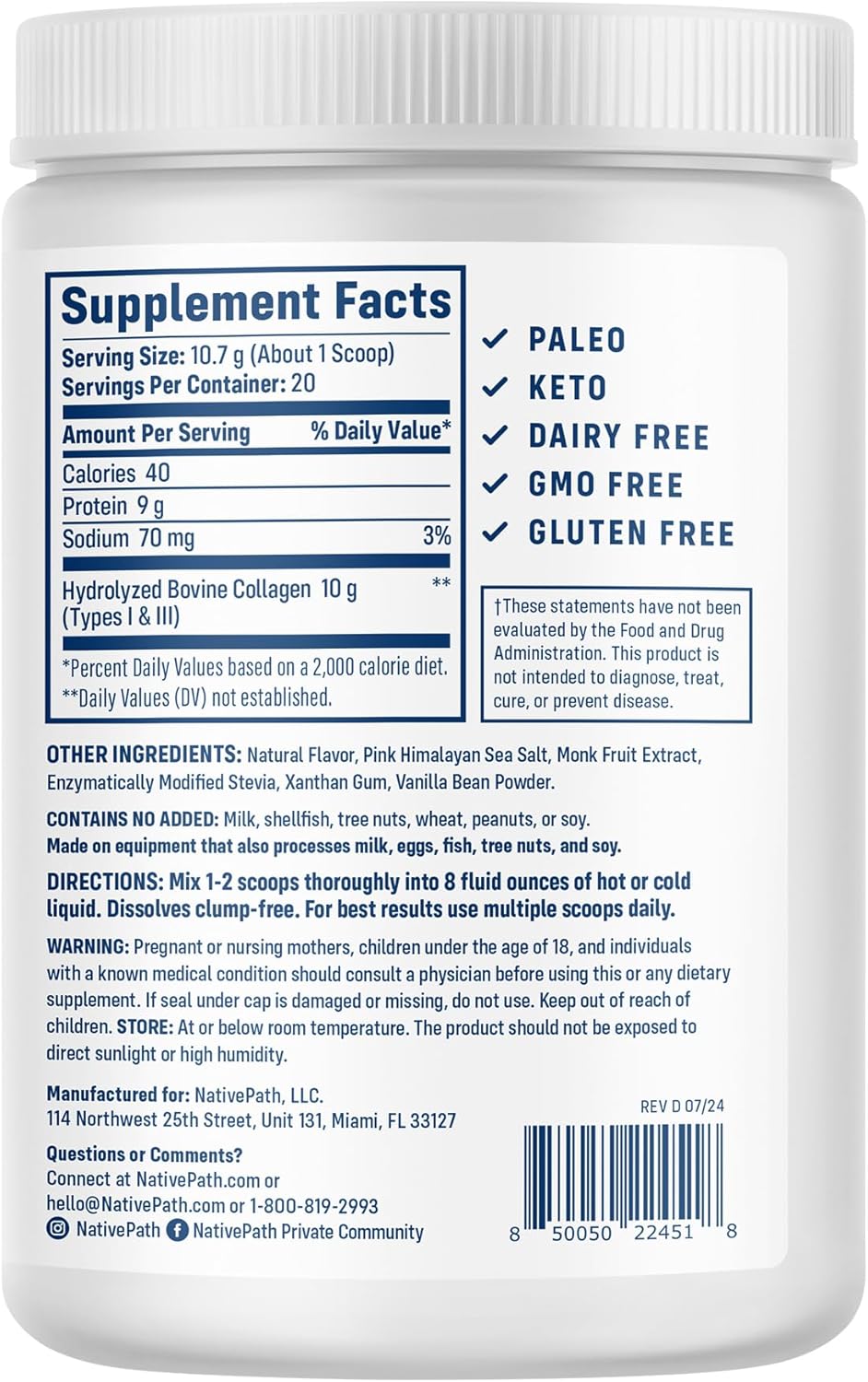 Grass-Fed Vanilla Bean Collagen Peptides: Hydrolyzed Type 1 & 3 Protein Powder for Hair, Skin, Nails, Bones, Joints, Digestion - Keto & Paleo Friendly (214g)