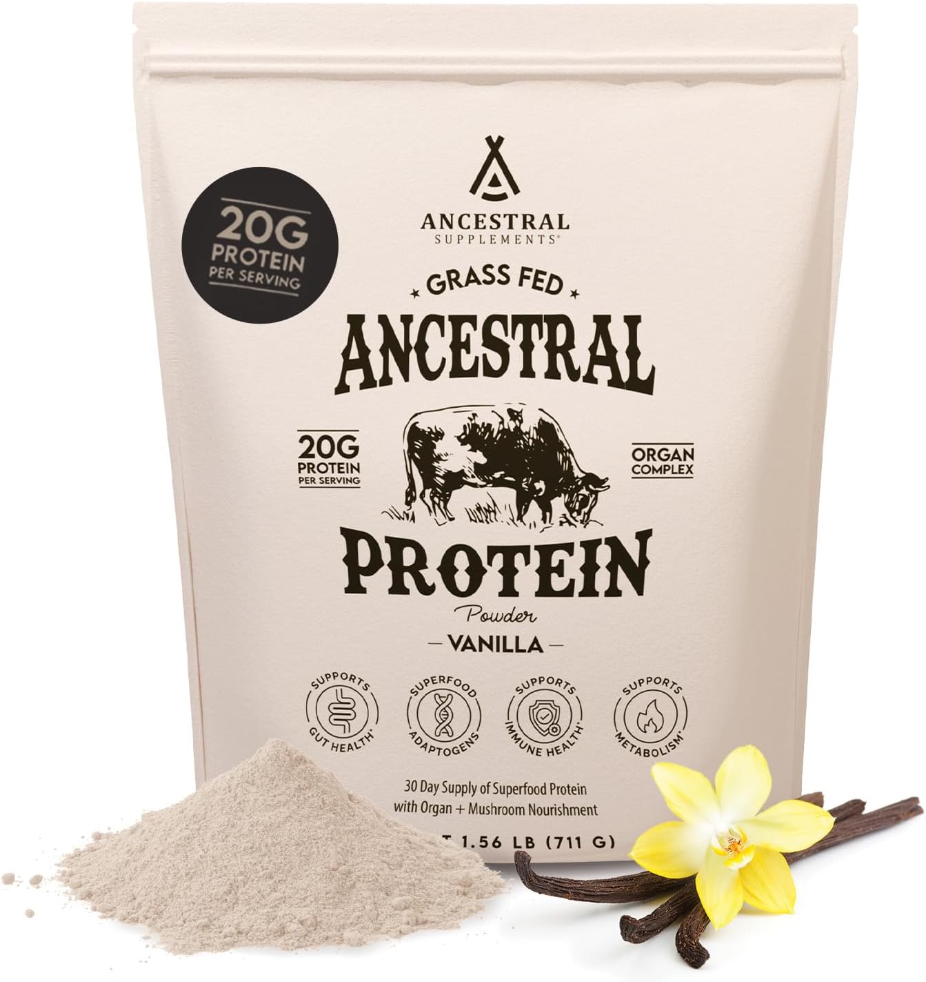 Grass Fed Vanilla Protein Powder with Beef Bone Broth, Organ Meats & Mushrooms for Gut Health - 20g Protein, 30 Day Supply