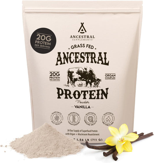 Grass Fed Vanilla Protein Powder with Beef Bone Broth, Organ Meats & Mushrooms for Gut Health - 20g Protein, 30 Day Supply