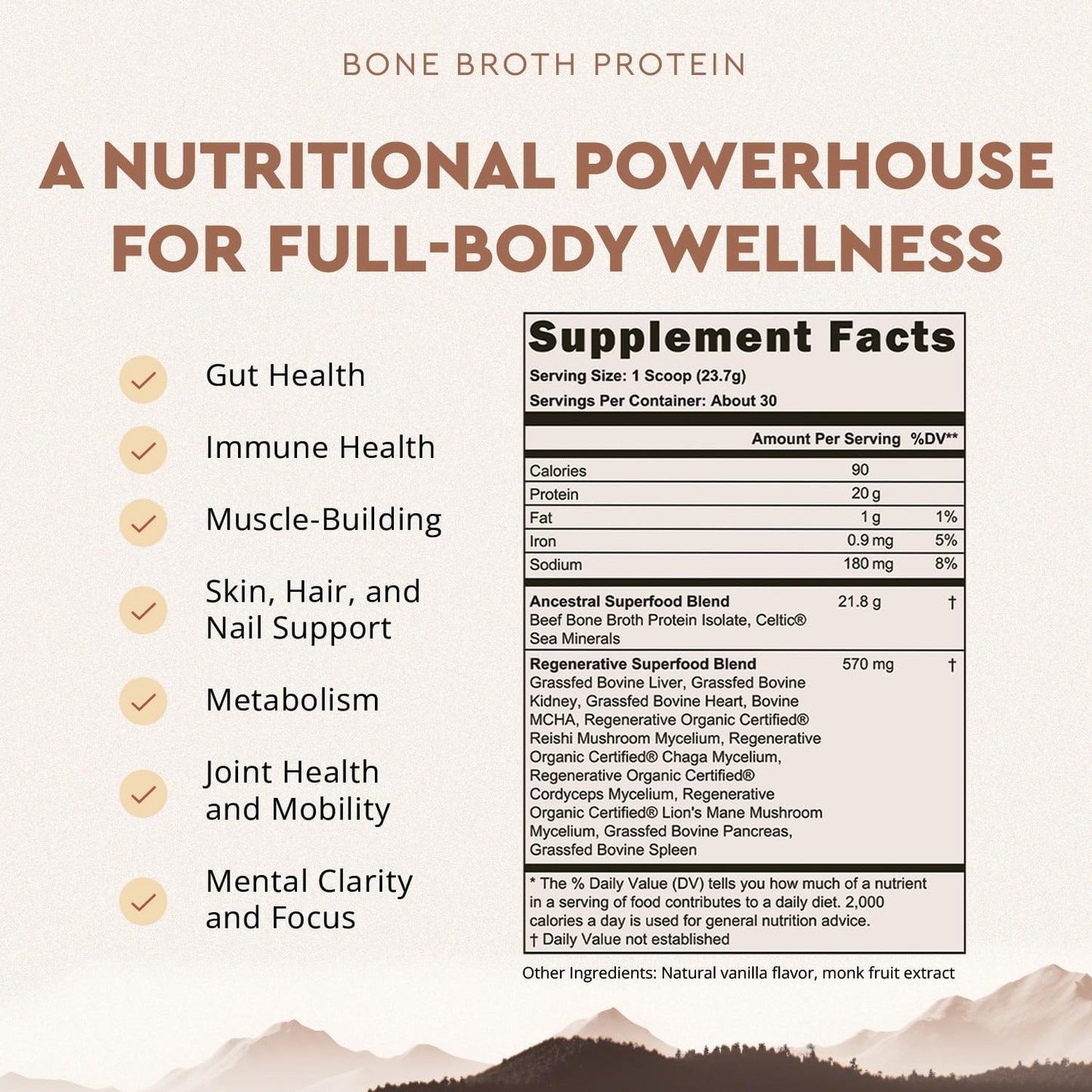 Grass Fed Vanilla Protein Powder with Beef Bone Broth, Organ Meats & Mushrooms for Gut Health - 20g Protein, 30 Day Supply