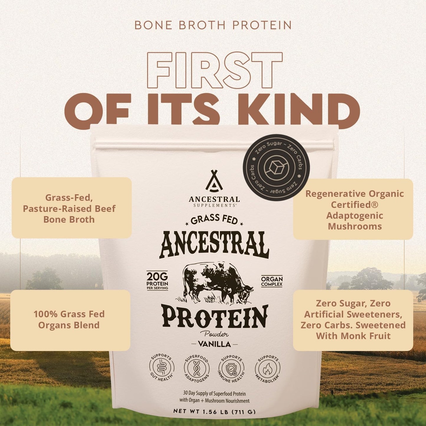 Grass Fed Vanilla Protein Powder with Beef Bone Broth, Organ Meats & Mushrooms for Gut Health - 20g Protein, 30 Day Supply