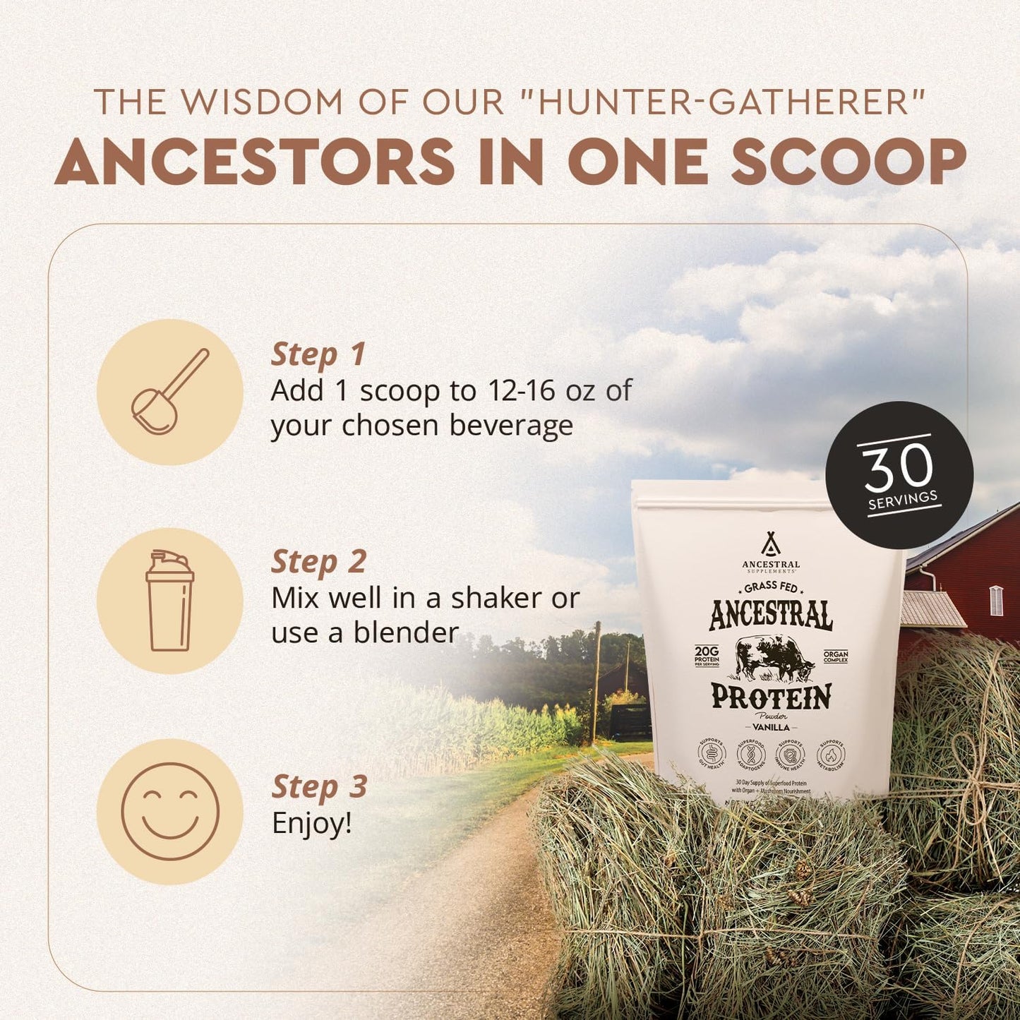 Grass Fed Vanilla Protein Powder with Beef Bone Broth, Organ Meats & Mushrooms for Gut Health - 20g Protein, 30 Day Supply