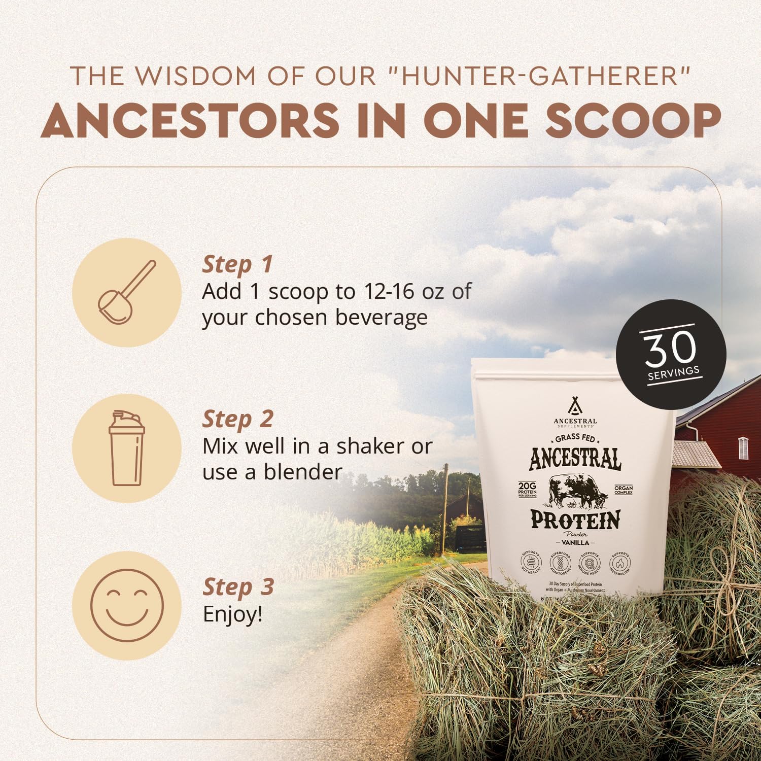 Grass Fed Vanilla Protein Powder with Beef Bone Broth, Organ Meats & Mushrooms for Gut Health - 20g Protein, 30 Day Supply