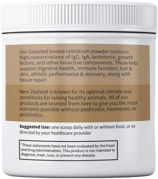 Grassfed Beef Colostrum Powder - Supports Immune Function, Gut Health, Hair, Anti-Aging, Athletic Performance, Recovery - 90g, 3000mg/Serving