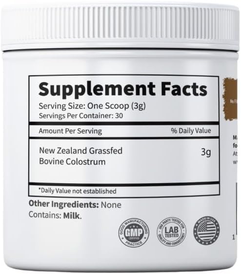 Grassfed Beef Colostrum Powder - Supports Immune Function, Gut Health, Hair, Anti-Aging, Athletic Performance, Recovery - 90g, 3000mg/Serving