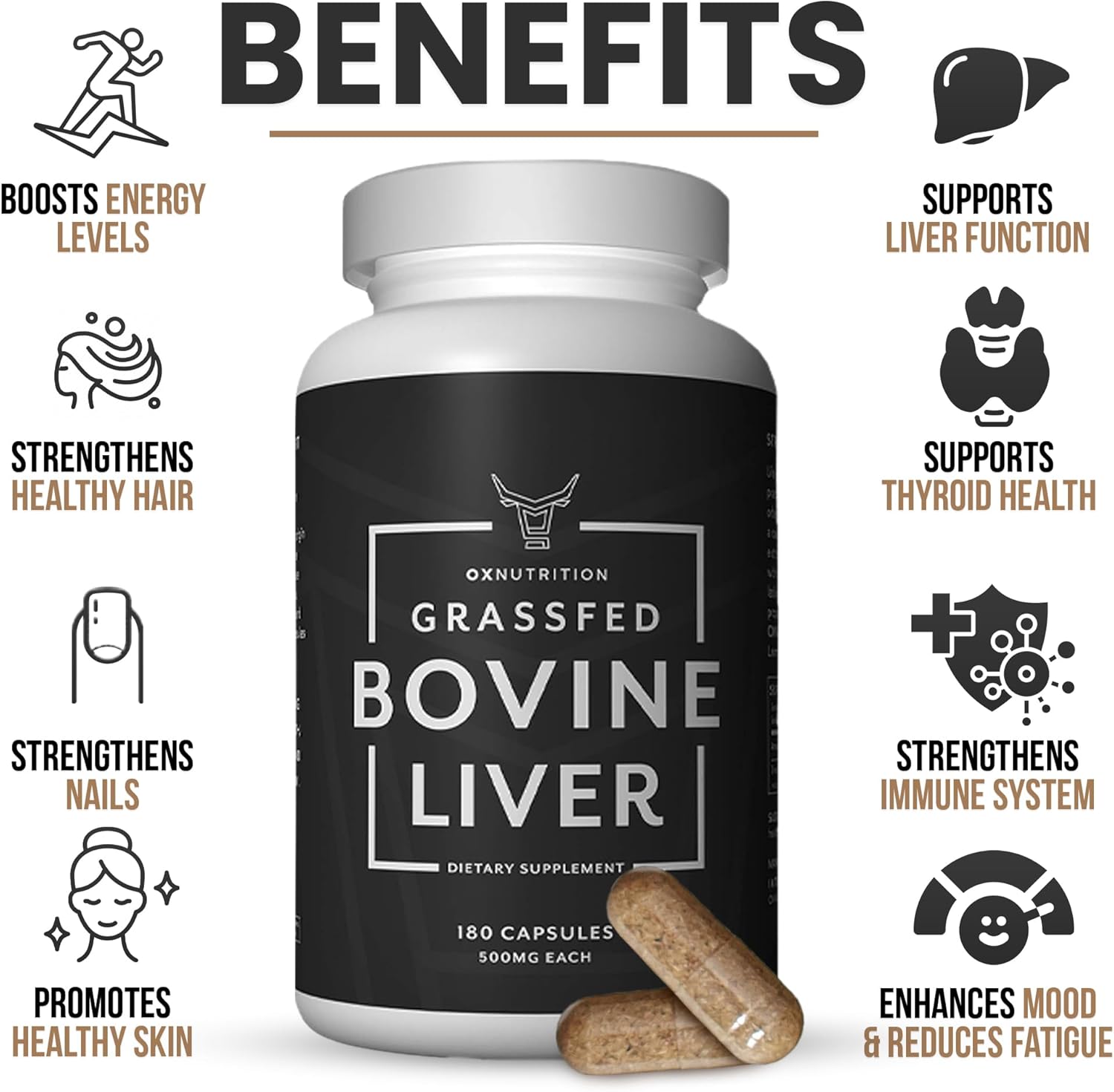 Grassfed Beef Liver Capsules (Desiccated) | Natural Iron & B12 Supplement | Energy & Thyroid Support | 180 Capsules | Superfood with Vitamins & Nutrients