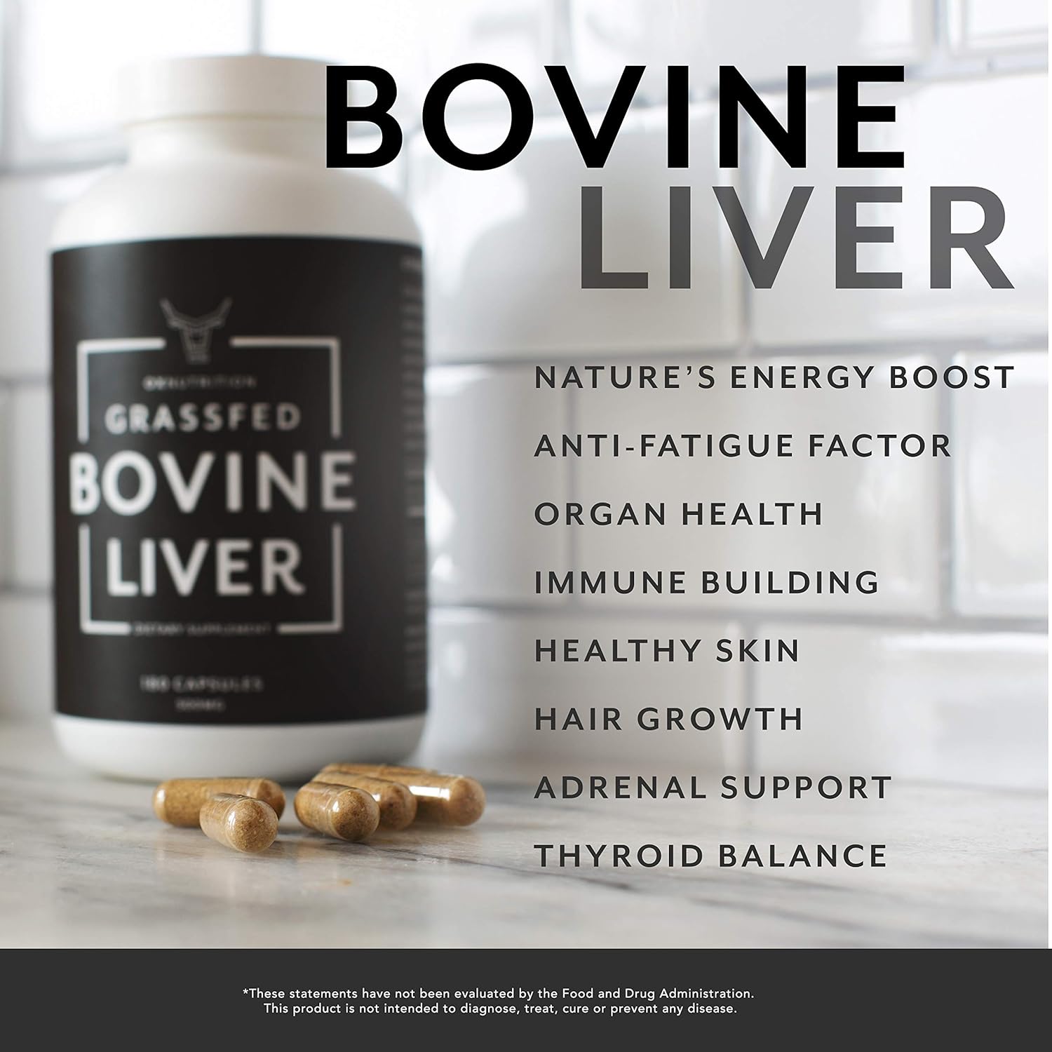 Grassfed Beef Liver Capsules (Desiccated) | Natural Iron & B12 Supplement | Energy & Thyroid Support | 180 Capsules | Superfood with Vitamins & Nutrients