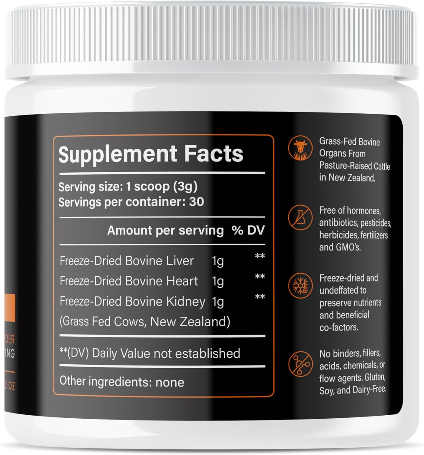 GrassFed Bovine Organ Supplement with B12, B Complex, Iron, Vitamin A, Folate, Selenium, and Zinc - 90g Powder