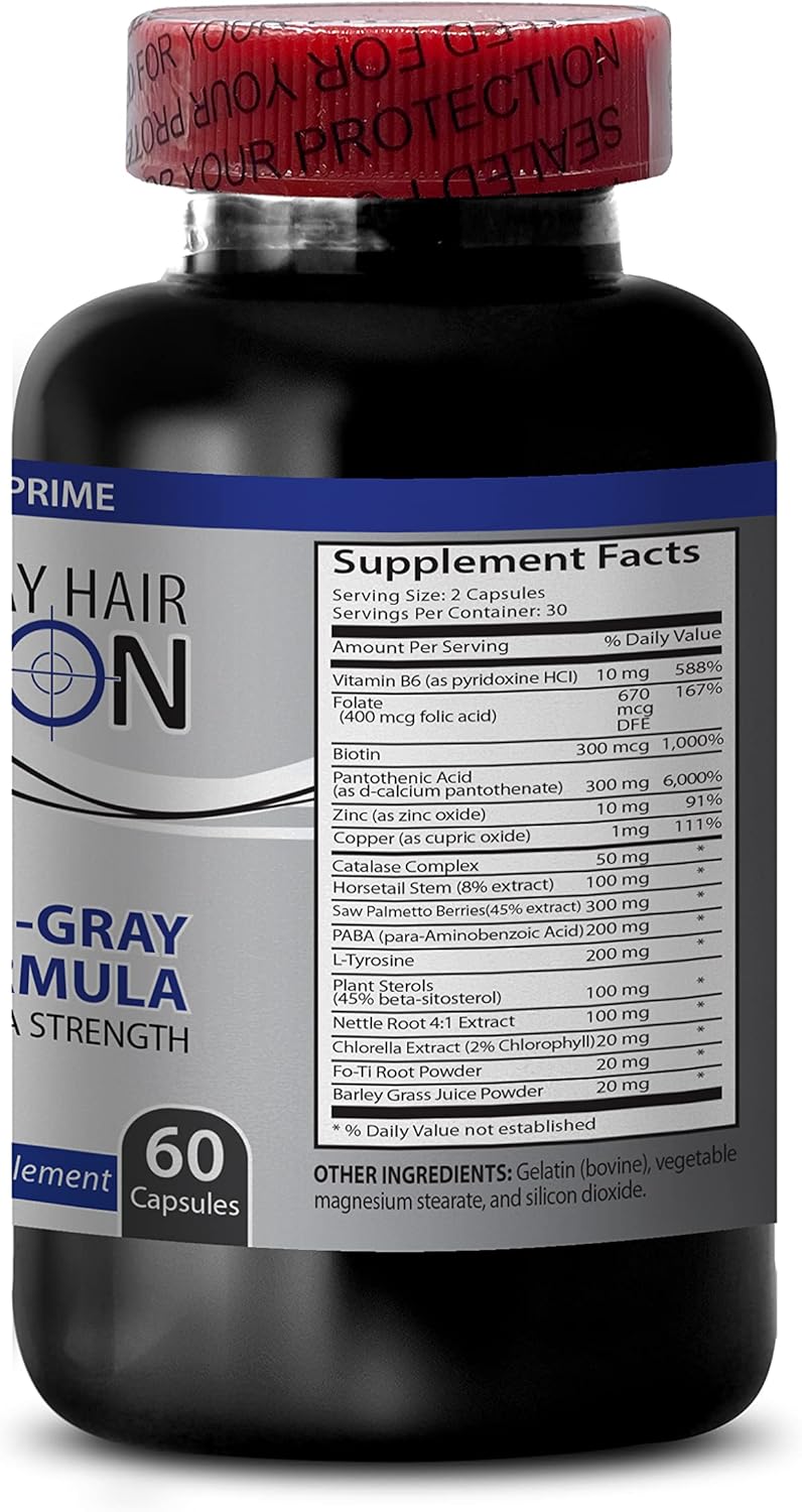 Gray Hair Reversal Supplement with Vitamin B6, Pantothenic Acid, and Biotin - Natural Hair Color Solution for Men and Women - Hair Growth Supplement with Saw Palmetto - 180 Capsules