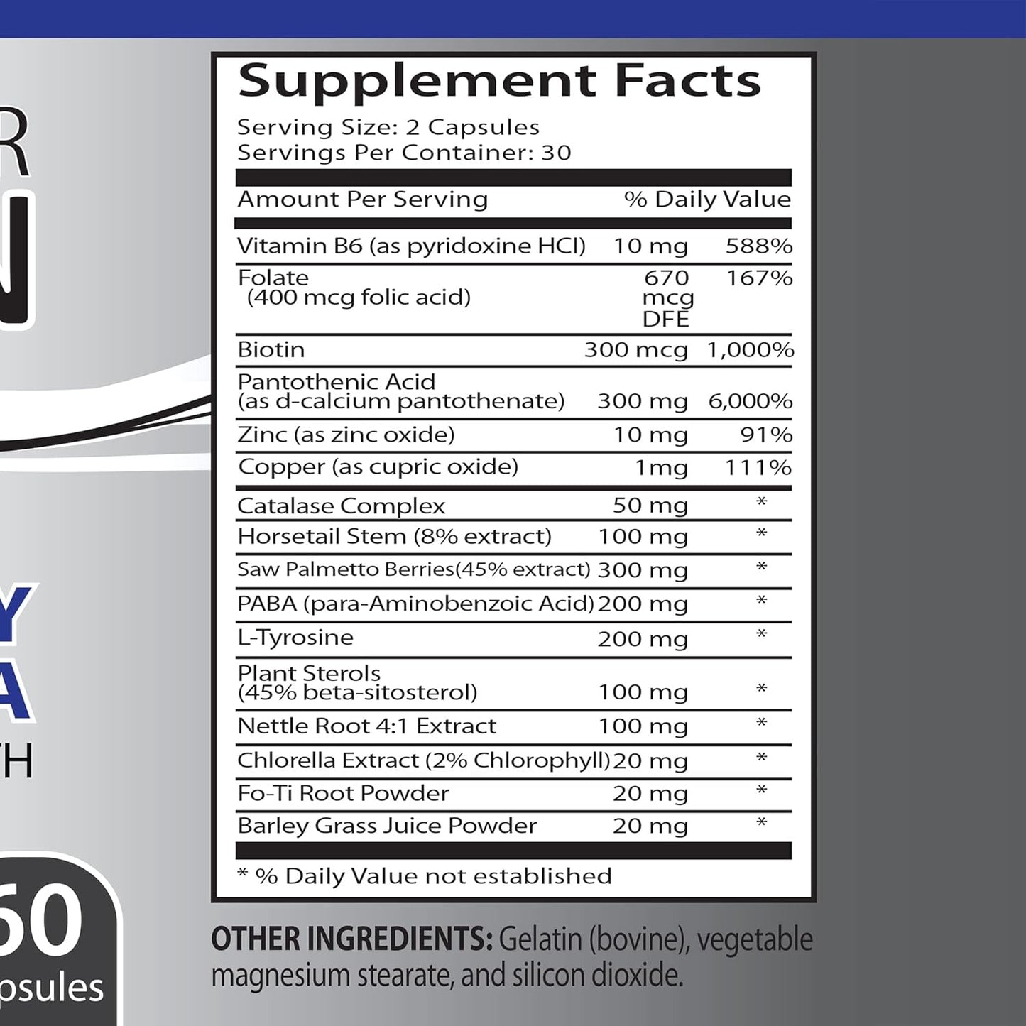 Gray Hair Reversal Supplement with Vitamin B6, Pantothenic Acid, and Biotin - Natural Hair Color Solution for Men and Women - Hair Growth Supplement with Saw Palmetto - 180 Capsules