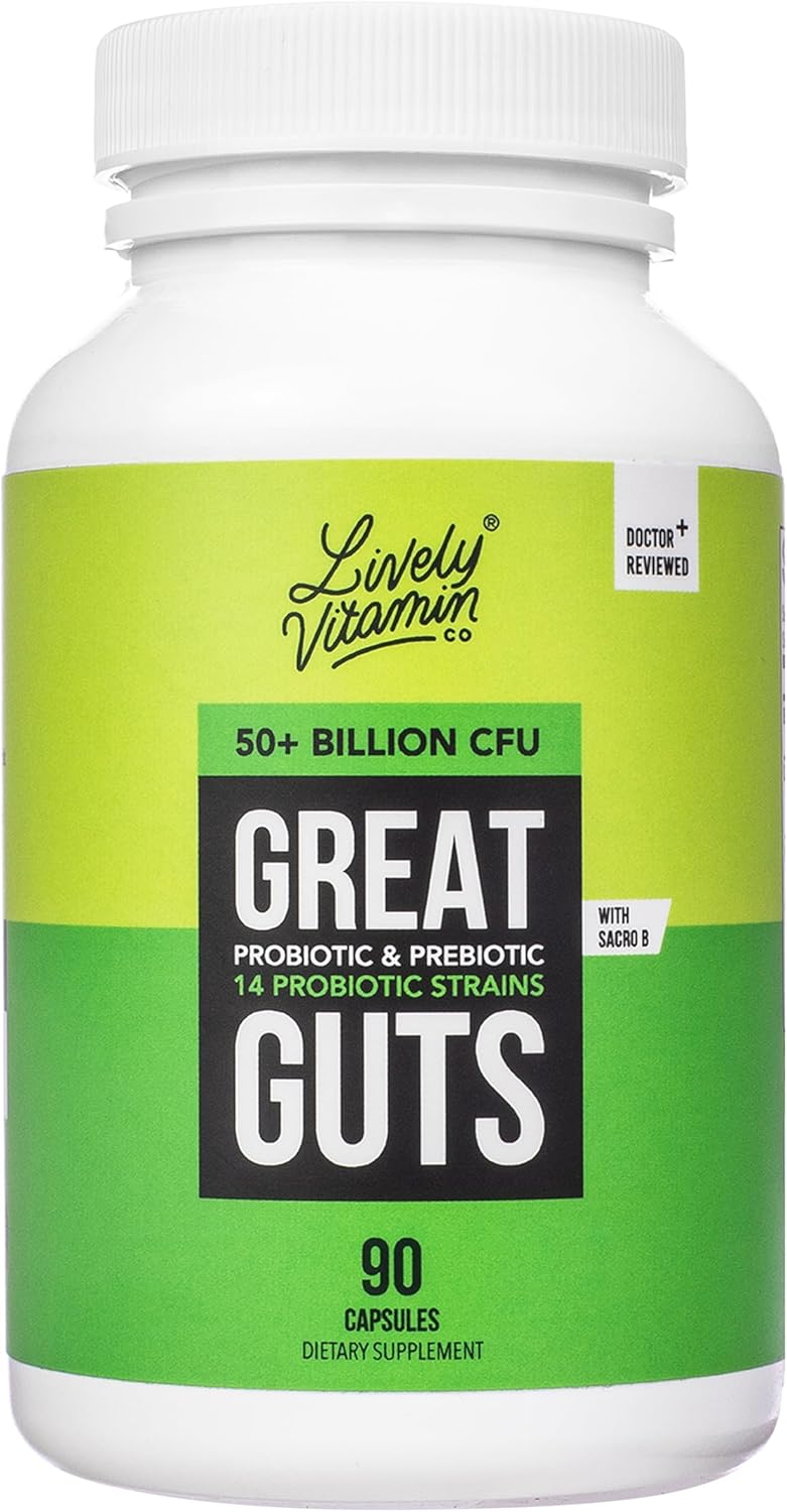 Great Guts Probiotic 50 Billion CFU Capsules - Balance Gut Microbiome, Reduce Inflammation, Digestive Health Support - 90 Count