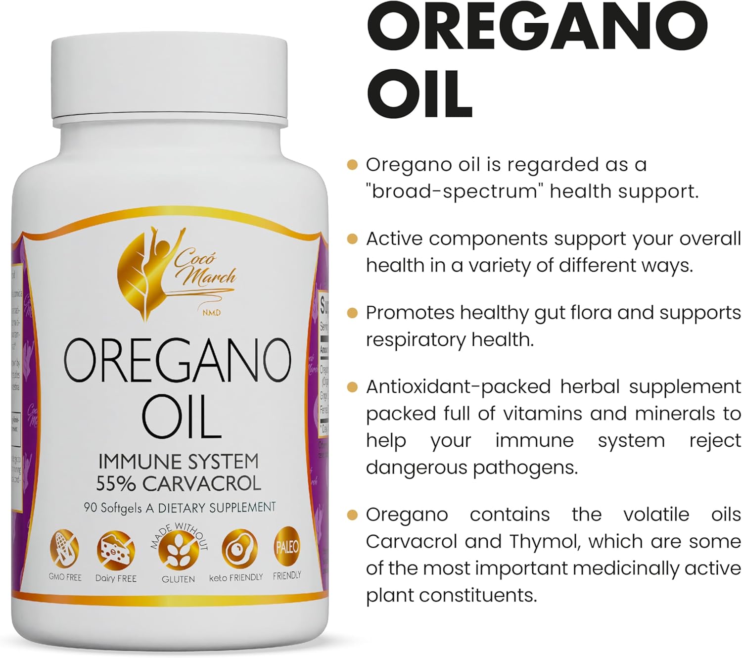 Greek Carvacrol Immune Support Capsules - Cocó March Oregano Oil - 55% Carvacrol - Gluten Free, Dairy Free, GMO Free - 90 Capsules