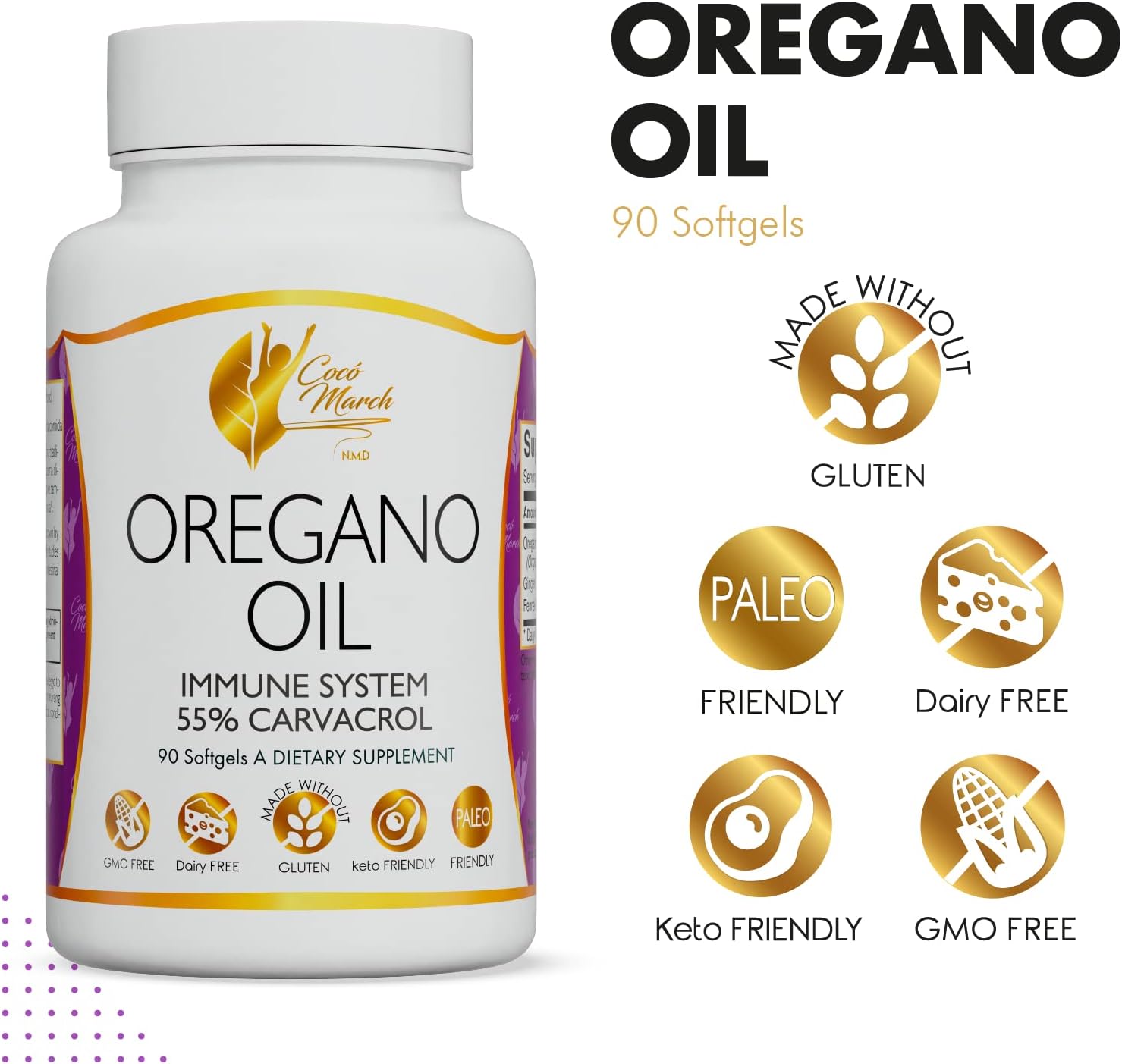 Greek Carvacrol Immune Support Capsules - Cocó March Oregano Oil - 55% Carvacrol - Gluten Free, Dairy Free, GMO Free - 90 Capsules