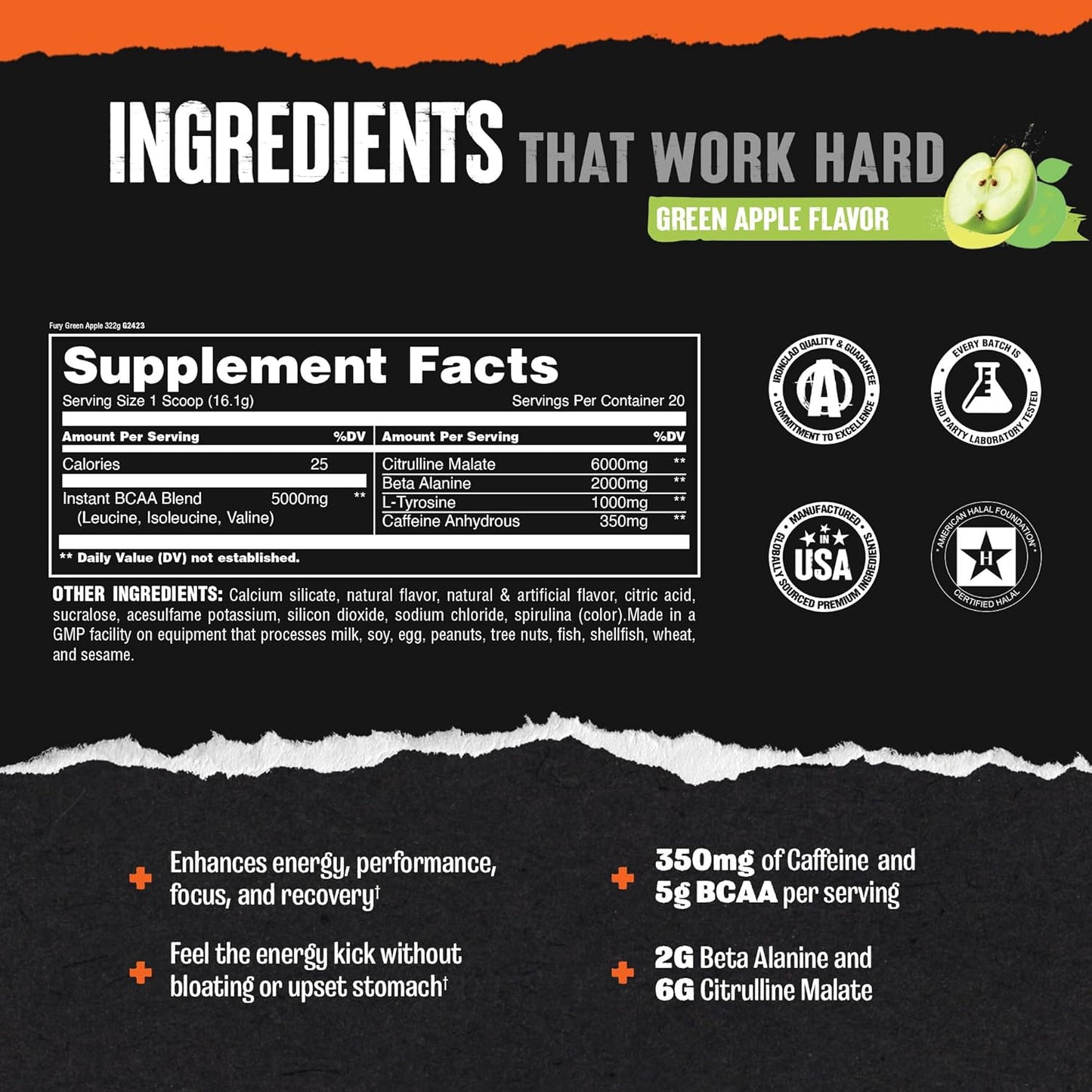 Green Apple Animal Fury Pre Workout Powder - Energy and Focus Supplement with BCAAs, Caffeine, and Beta-Alanine - 20 Servings