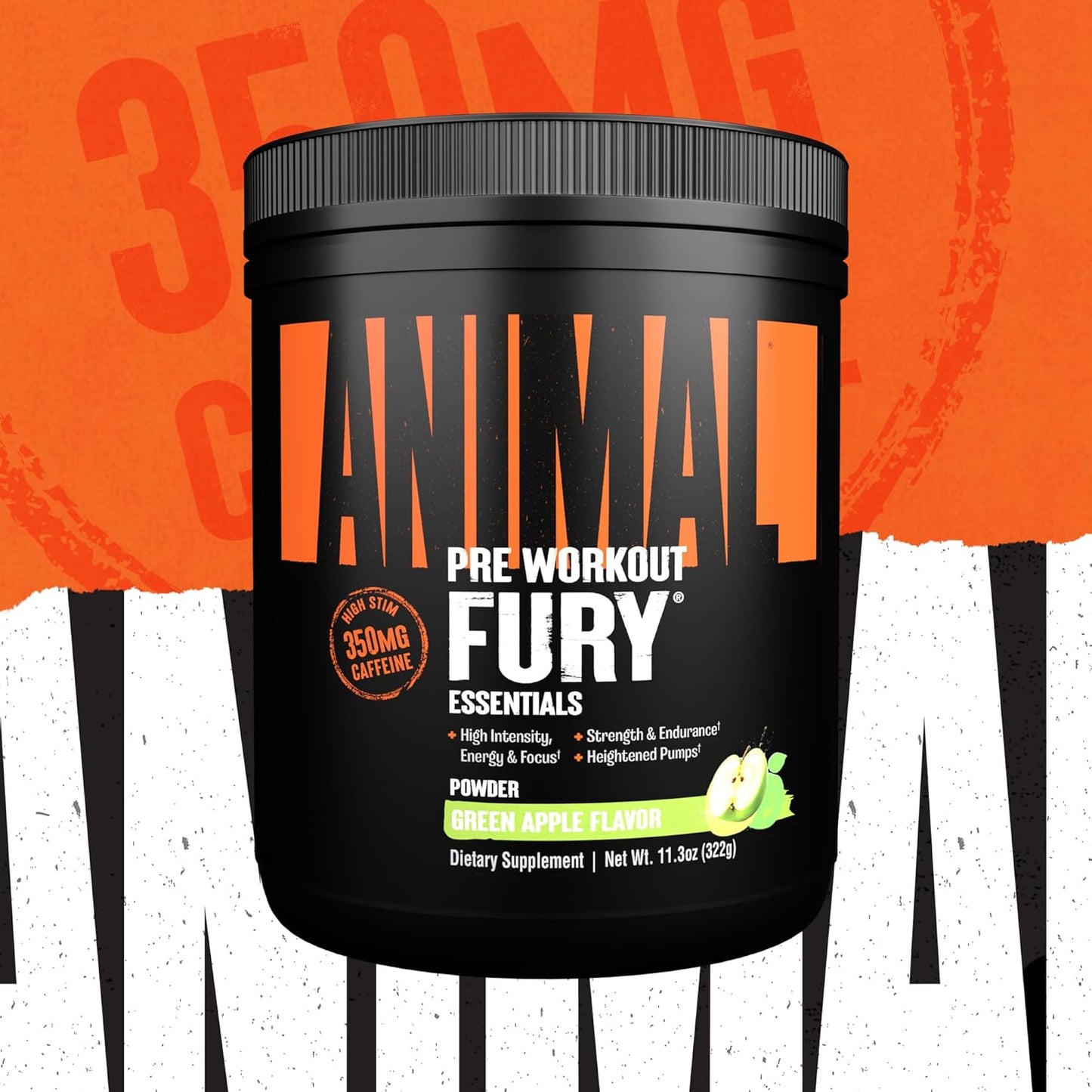 Green Apple Animal Fury Pre Workout Powder - Energy and Focus Supplement with BCAAs, Caffeine, and Beta-Alanine - 20 Servings