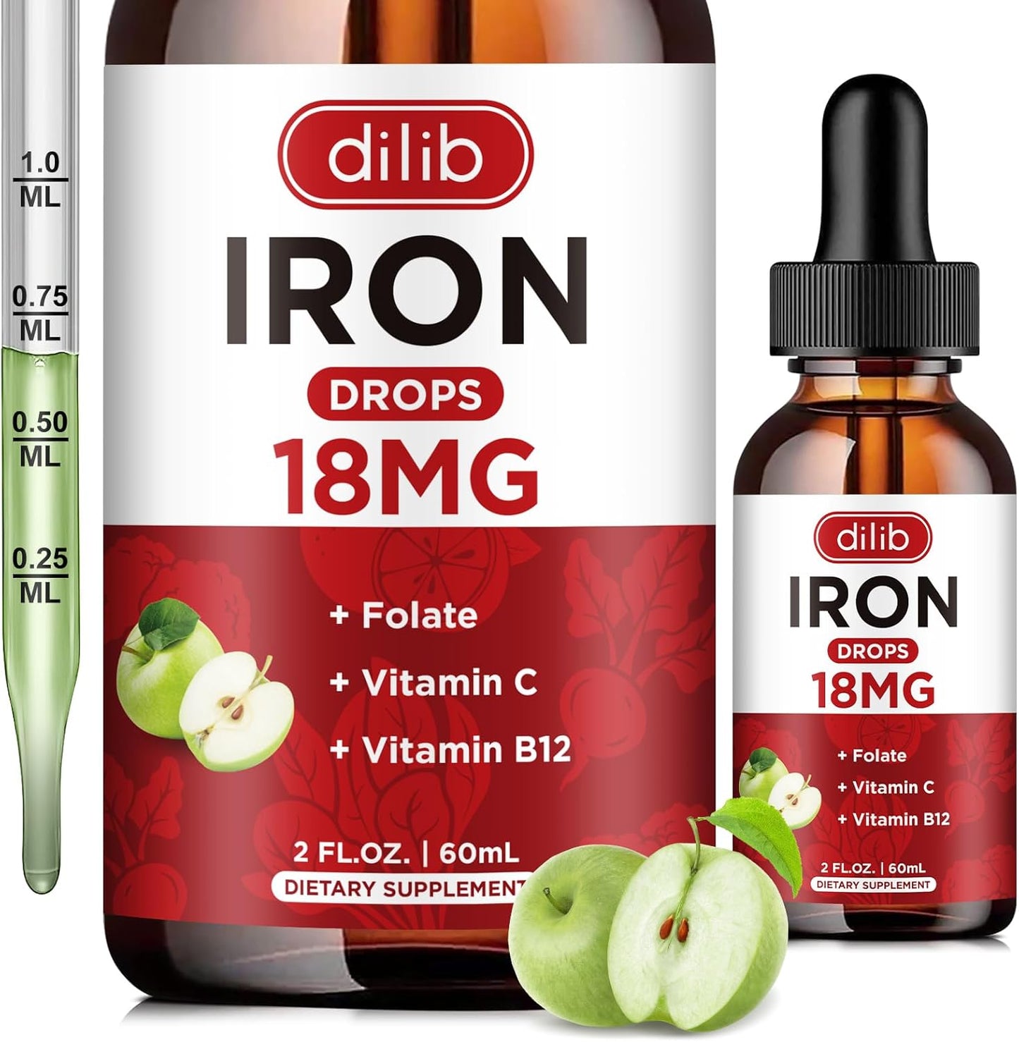 Green Apple Flavored Liquid Iron Supplement for Anemia Support - 2 Fl Oz Iron Drops with Folate, Vitamin C, B12 for Women & Men