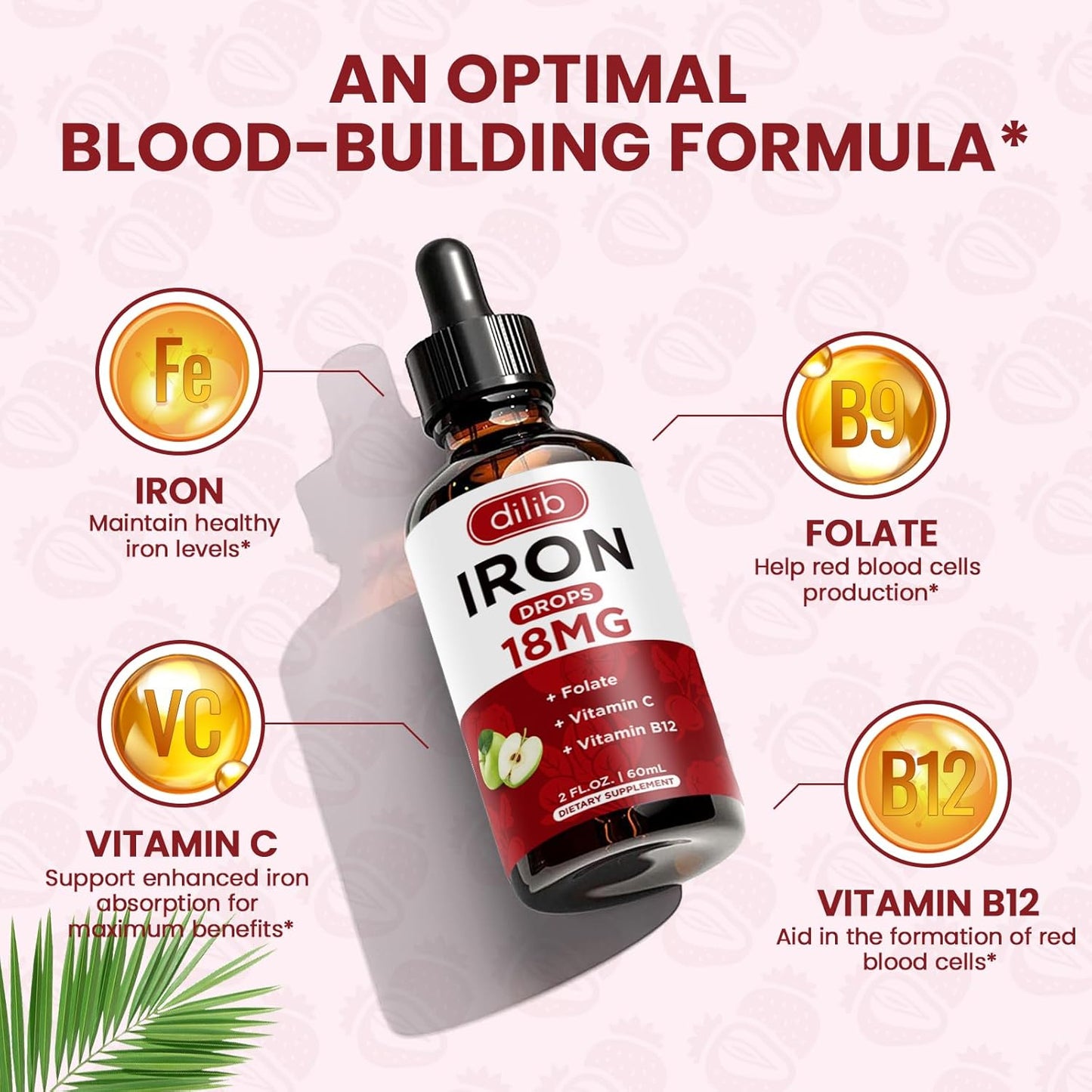 Green Apple Flavored Liquid Iron Supplement for Anemia Support - 2 Fl Oz Iron Drops with Folate, Vitamin C, B12 for Women & Men