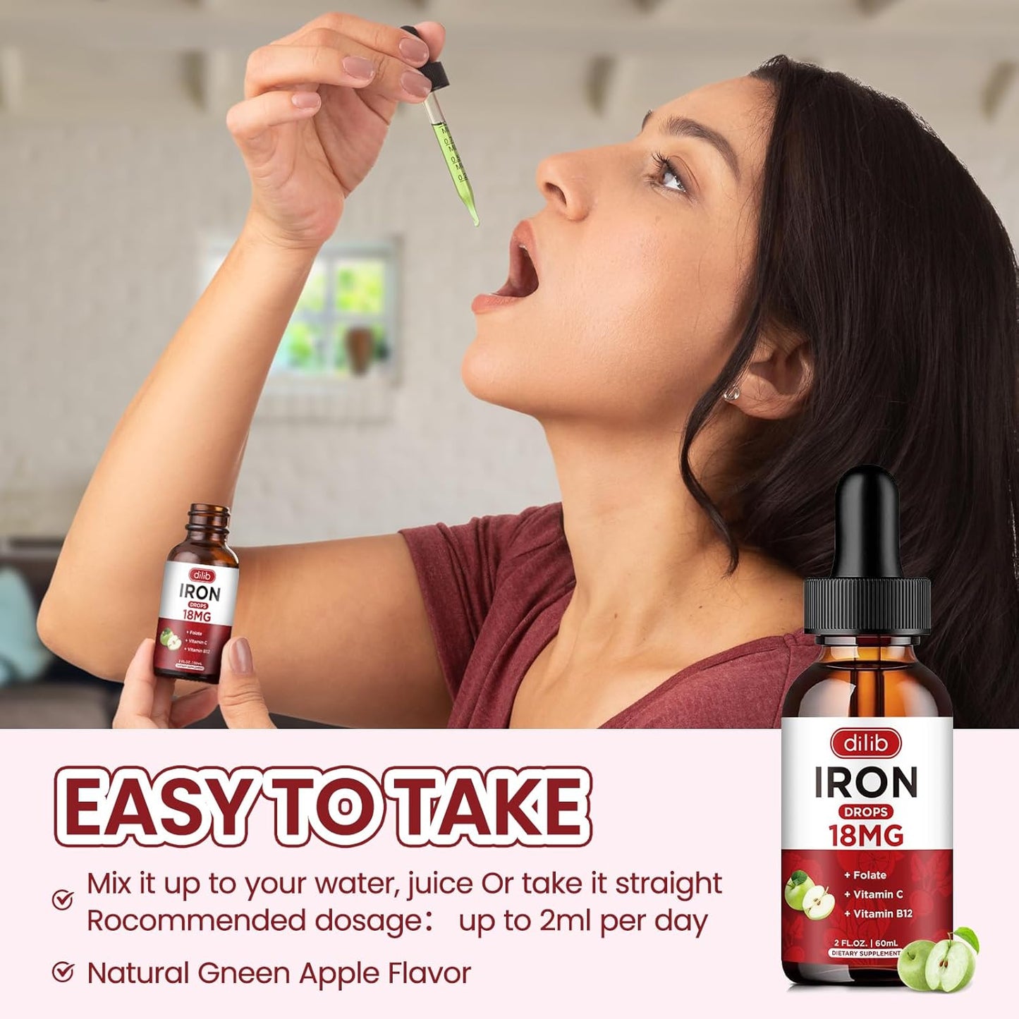 Green Apple Flavored Liquid Iron Supplement for Anemia Support - 2 Fl Oz Iron Drops with Folate, Vitamin C, B12 for Women & Men