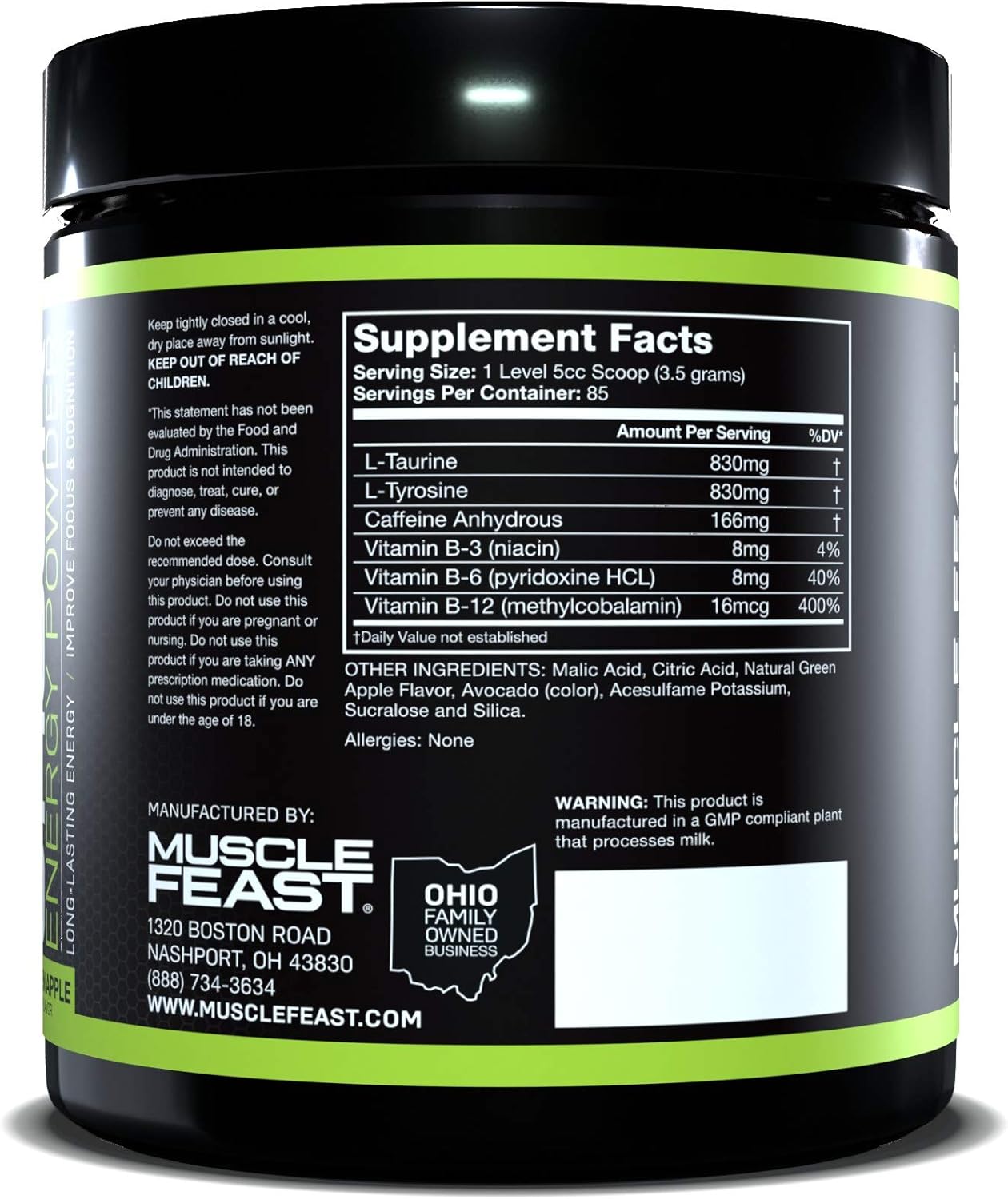 Green Apple Muscle Feast 8 Hour Energy Pre-Workout - 300g, Keto & Sugar-Free, Zero Calorie