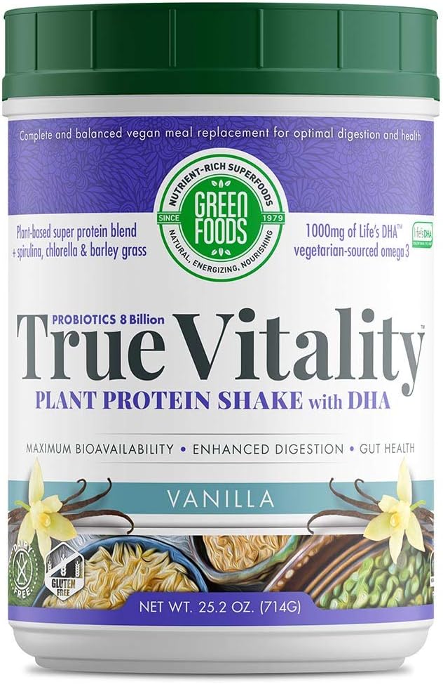 Green Foods True Vitality Plant Protein Shake with DHA Vanilla - 25.2 oz - Nutrient-Rich Plant-Based Protein Shake