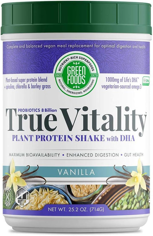 Green Foods True Vitality Plant Protein Shake with DHA Vanilla - 25.2 oz - Nutrient-Rich Plant-Based Protein Shake