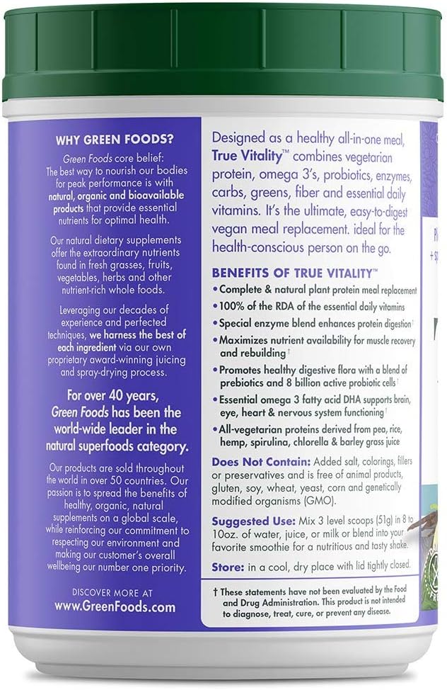 Green Foods True Vitality Plant Protein Shake with DHA Vanilla - 25.2 oz - Nutrient-Rich Plant-Based Protein Shake