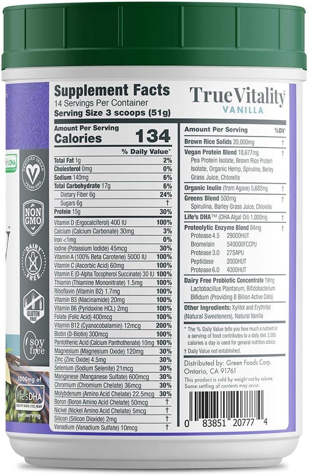 Green Foods True Vitality Plant Protein Shake with DHA Vanilla - 25.2 oz - Nutrient-Rich Plant-Based Protein Shake