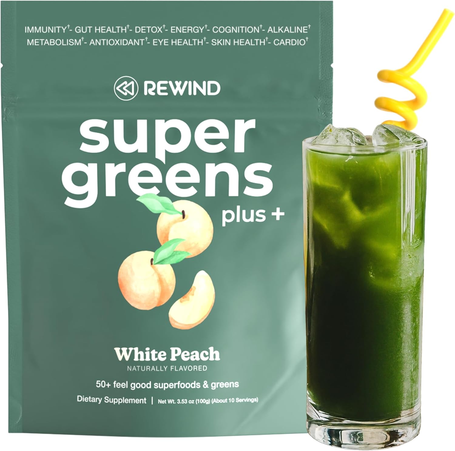 Green Superfood Powder with 50+ Superfoods for Family - White Peach Flavor - 10 Servings