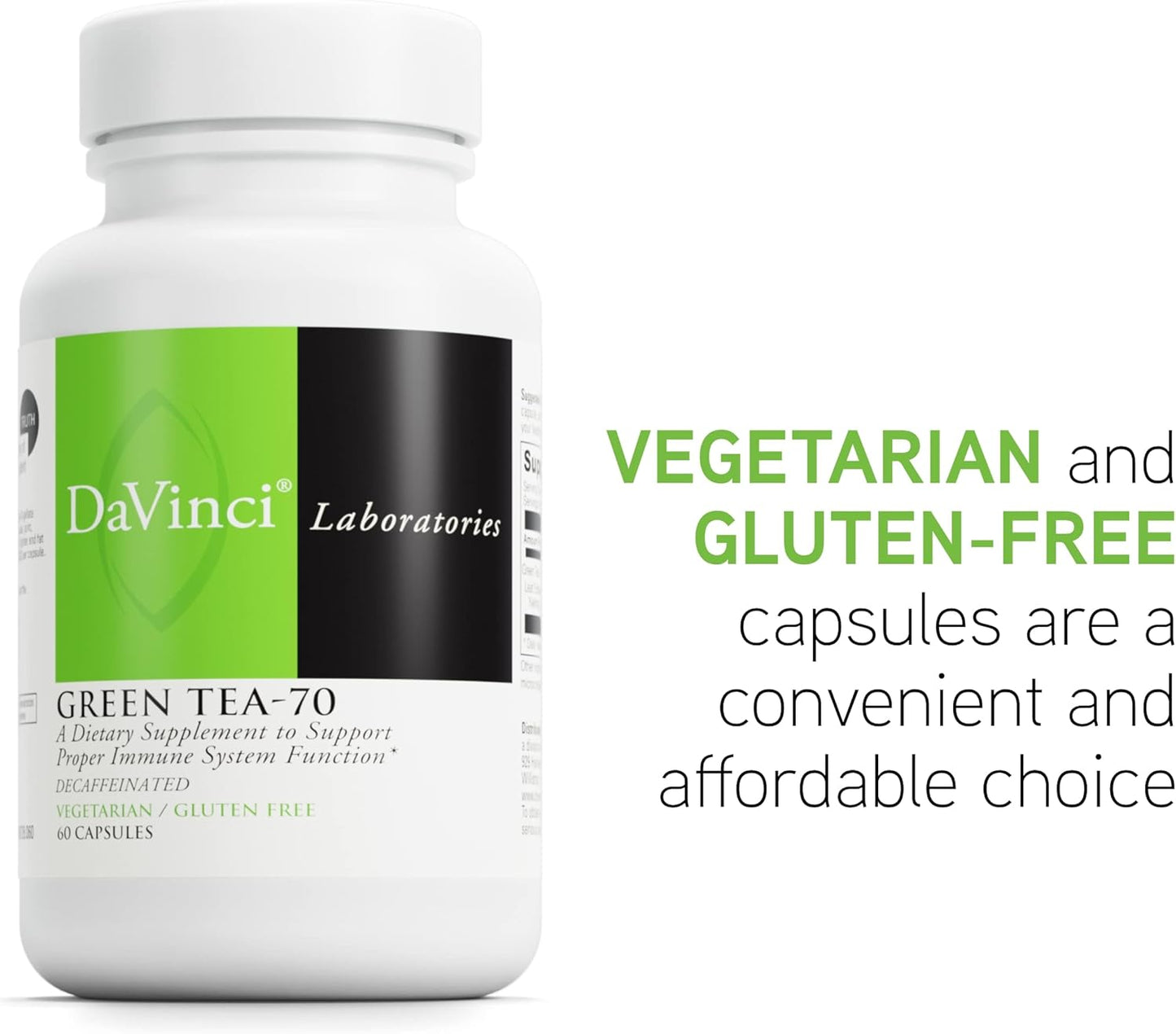 Green Tea-70 Nutritional Supplement for Immune System, Cardio & Cholesterol - Decaf, Gluten-Free - 60 Veg Capsules
