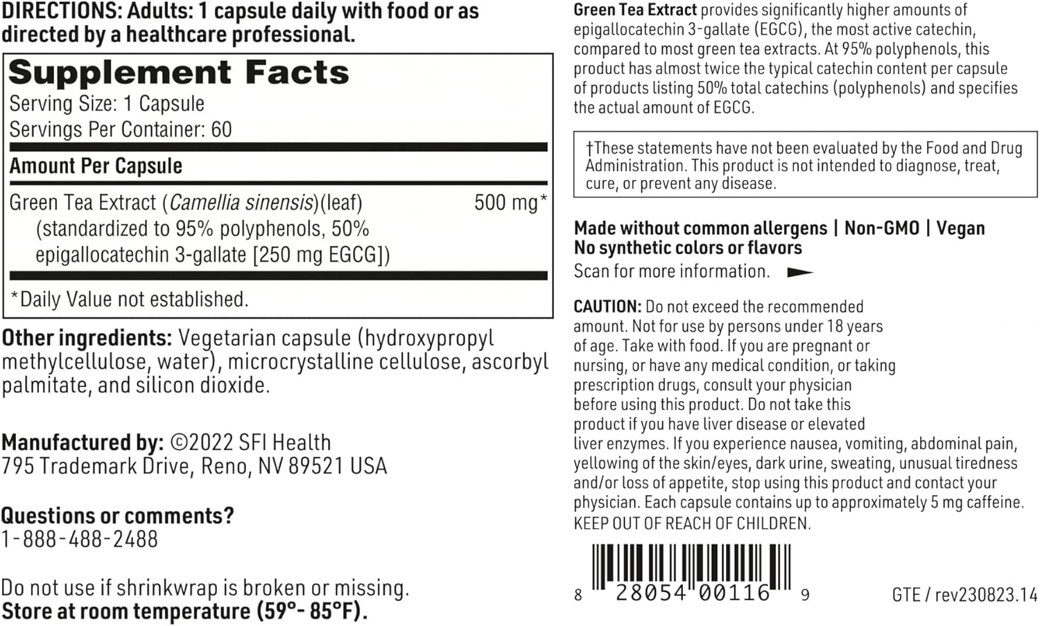 Green Tea Extract Capsules - 500mg Green Tea Leaf, 95% Polyphenols, 250mg EGCG (60 Veg Caps)