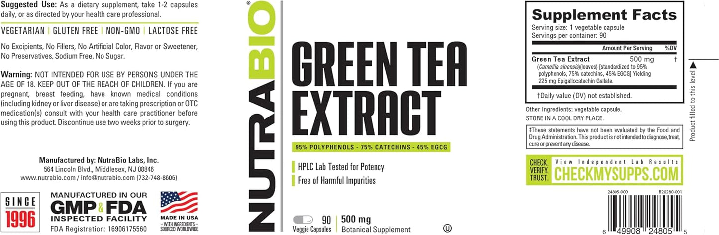 Green Tea Extract Capsules - 500mg, Promotes Antioxidant Benefits for Health and Well-Being - 90 Count
