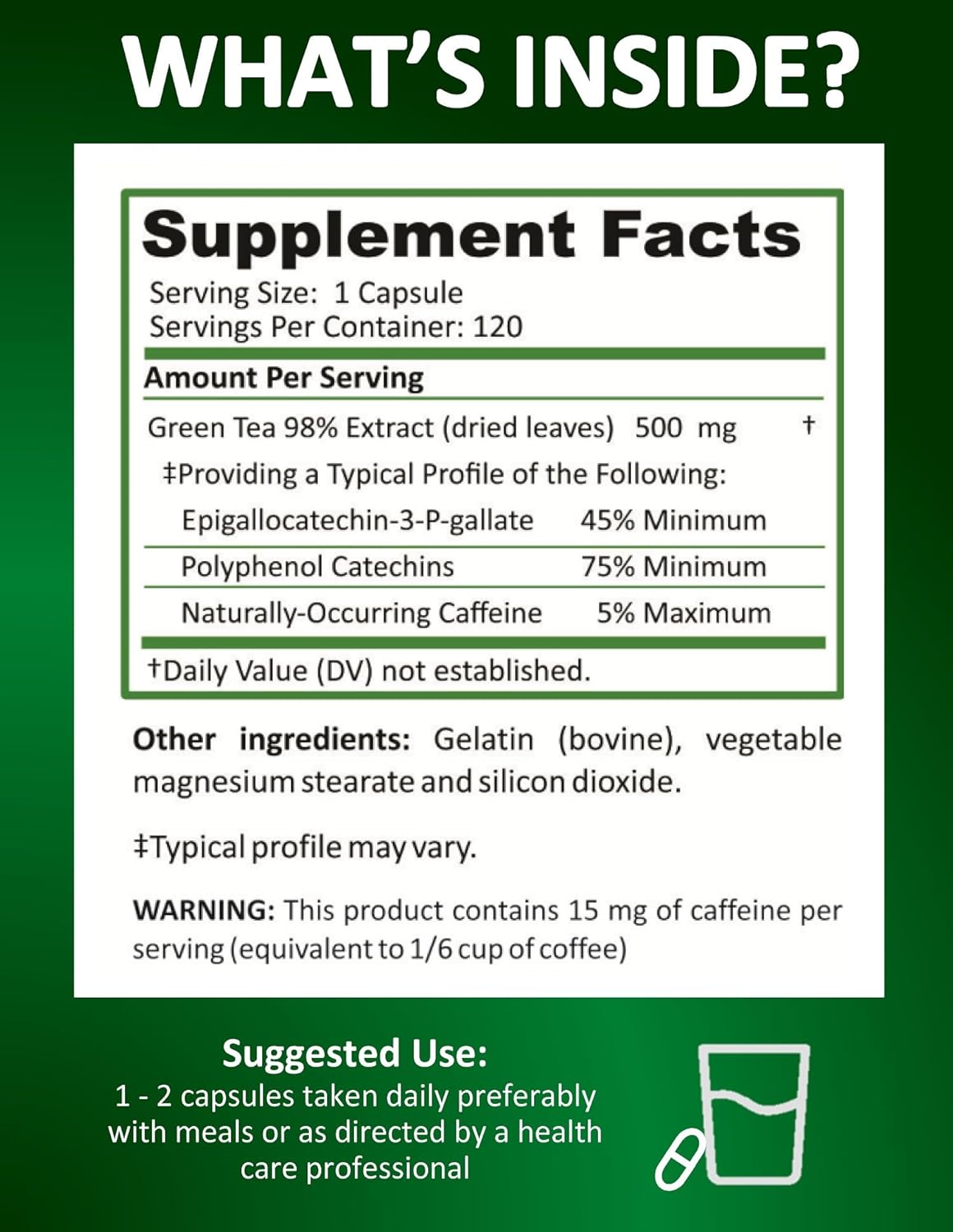 Green Tea Extract Capsules - Natural Energy, Mental Focus, Immune Support, Antioxidant, Healthy Heart - 120 Capsules